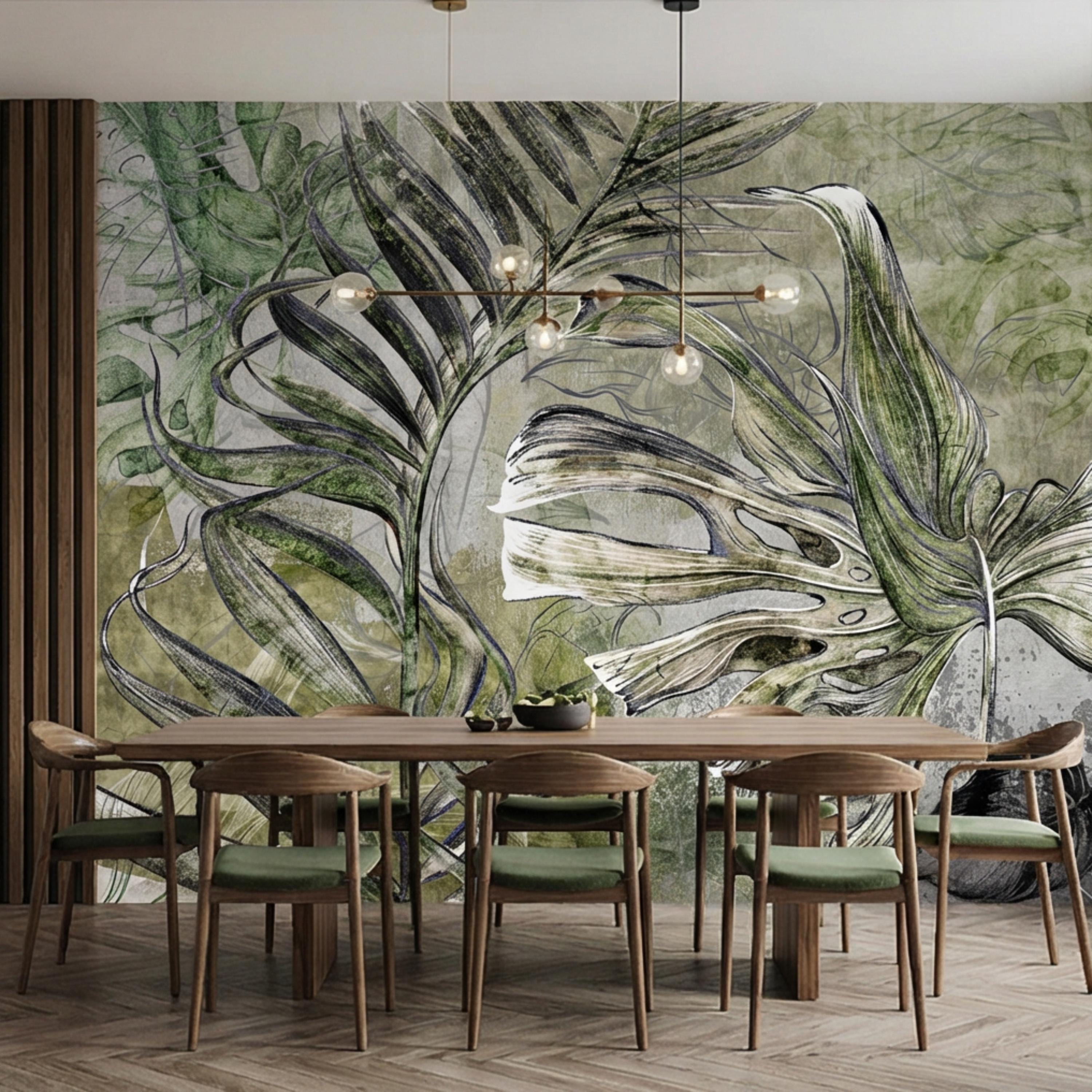 Sage Green Botanical Leaves Peel and Stick Wall Mural, Monstera Palm Watercolor Sketch, Modern Organic Neutral Wallpaper