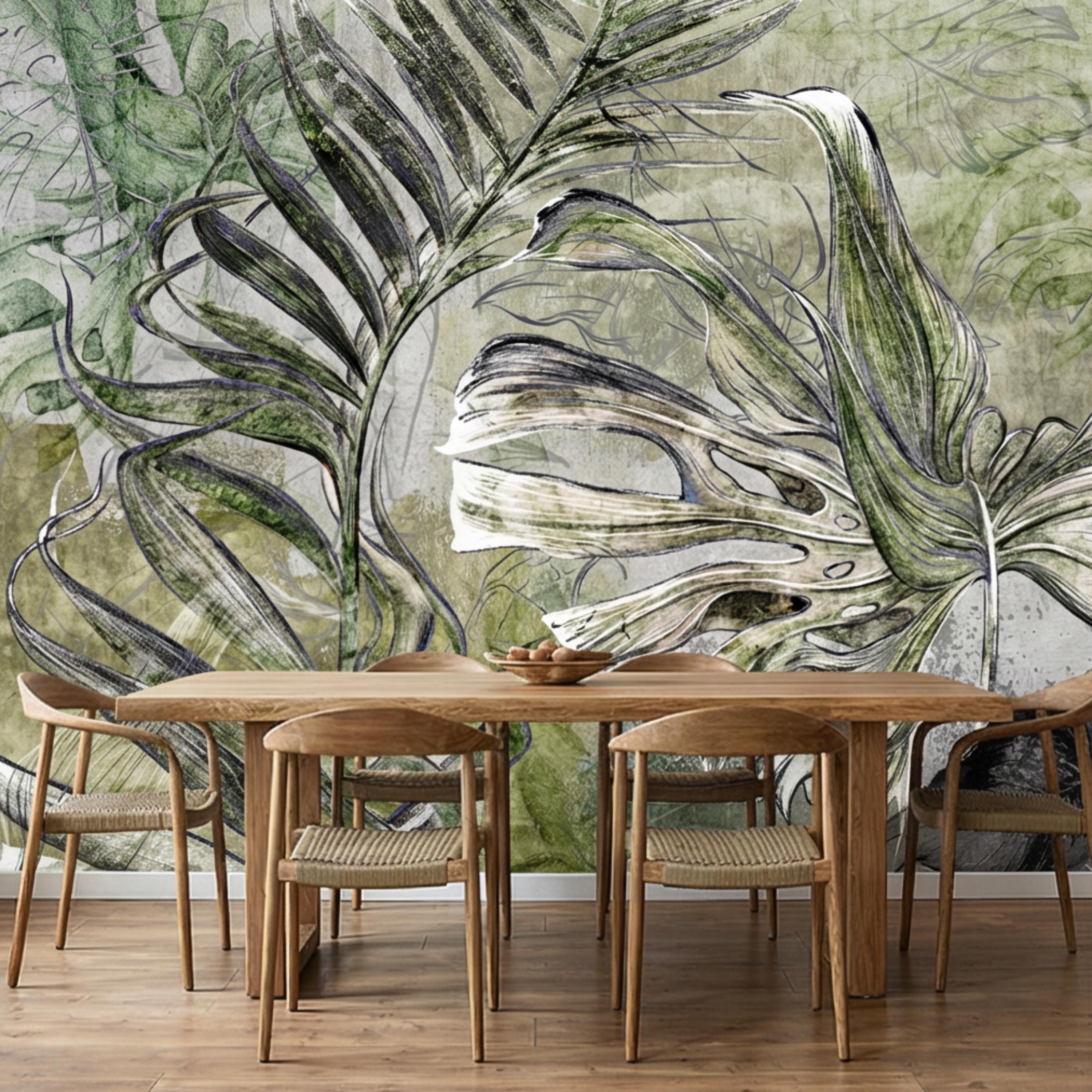 Sage Green Botanical Leaves Peel and Stick Wall Mural, Monstera Palm Watercolor Sketch, Modern Organic Neutral Wallpaper