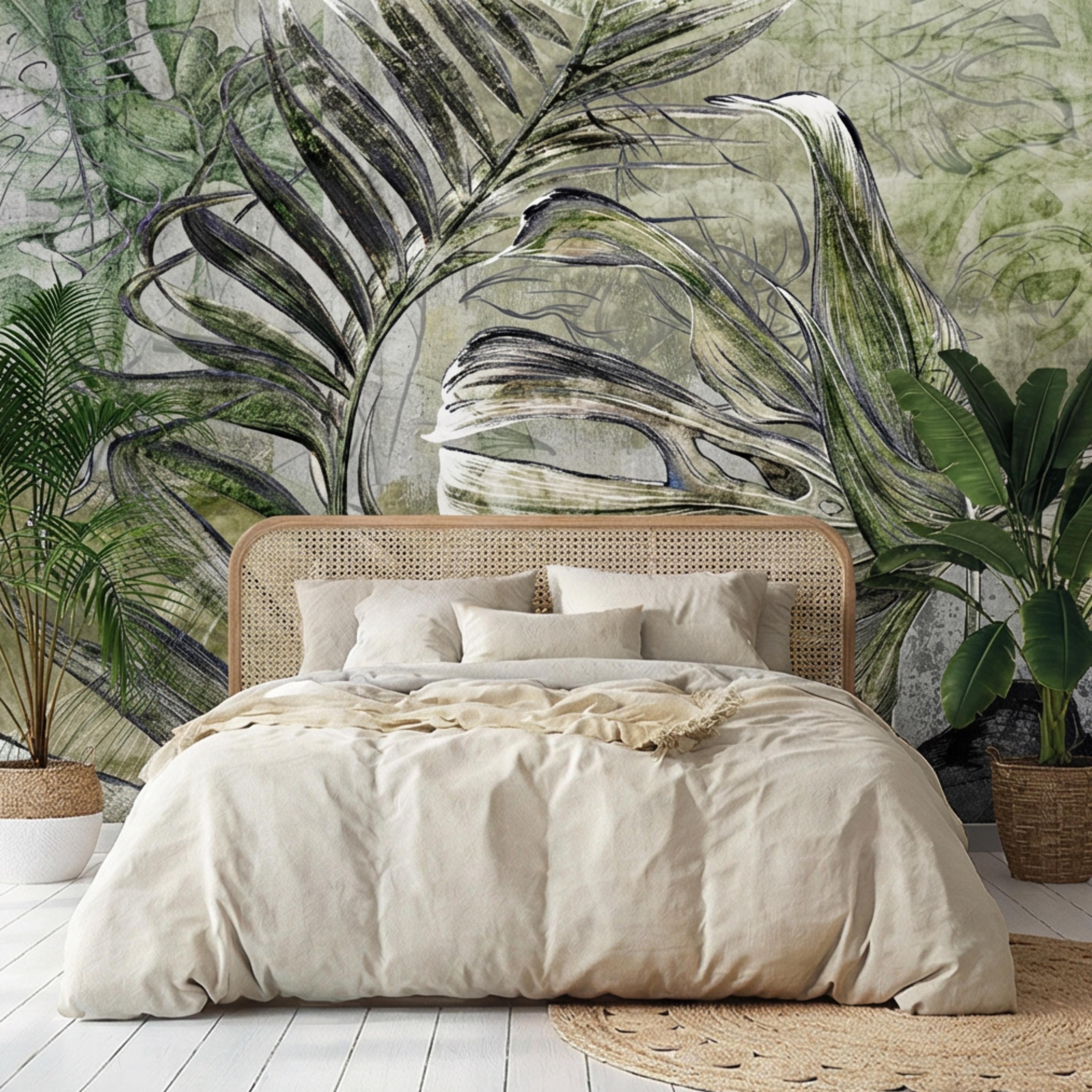 Sage Green Botanical Leaves Peel and Stick Wall Mural, Monstera Palm Watercolor Sketch, Modern Organic Neutral Wallpaper