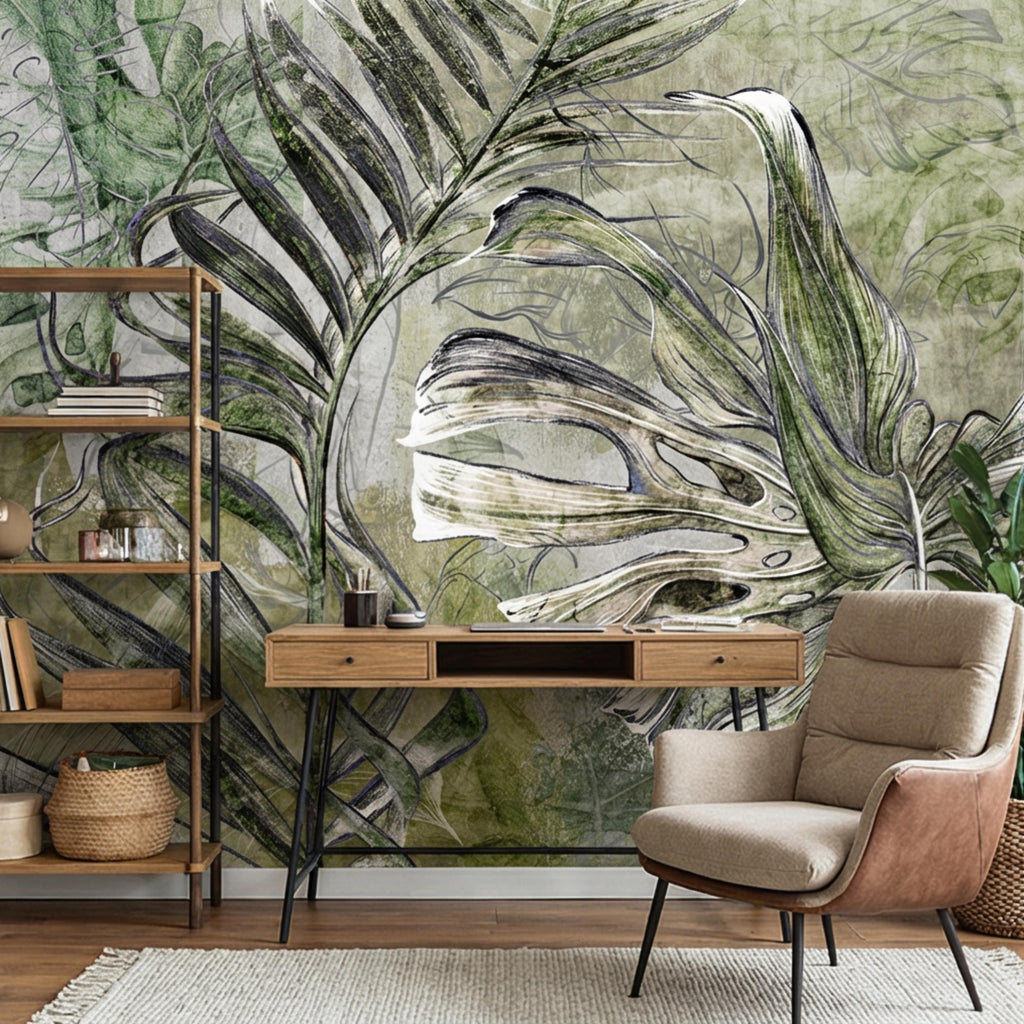 Sage Green Botanical Leaves Peel and Stick Wall Mural, Monstera Palm Watercolor Sketch, Modern Organic Neutral Wallpaper