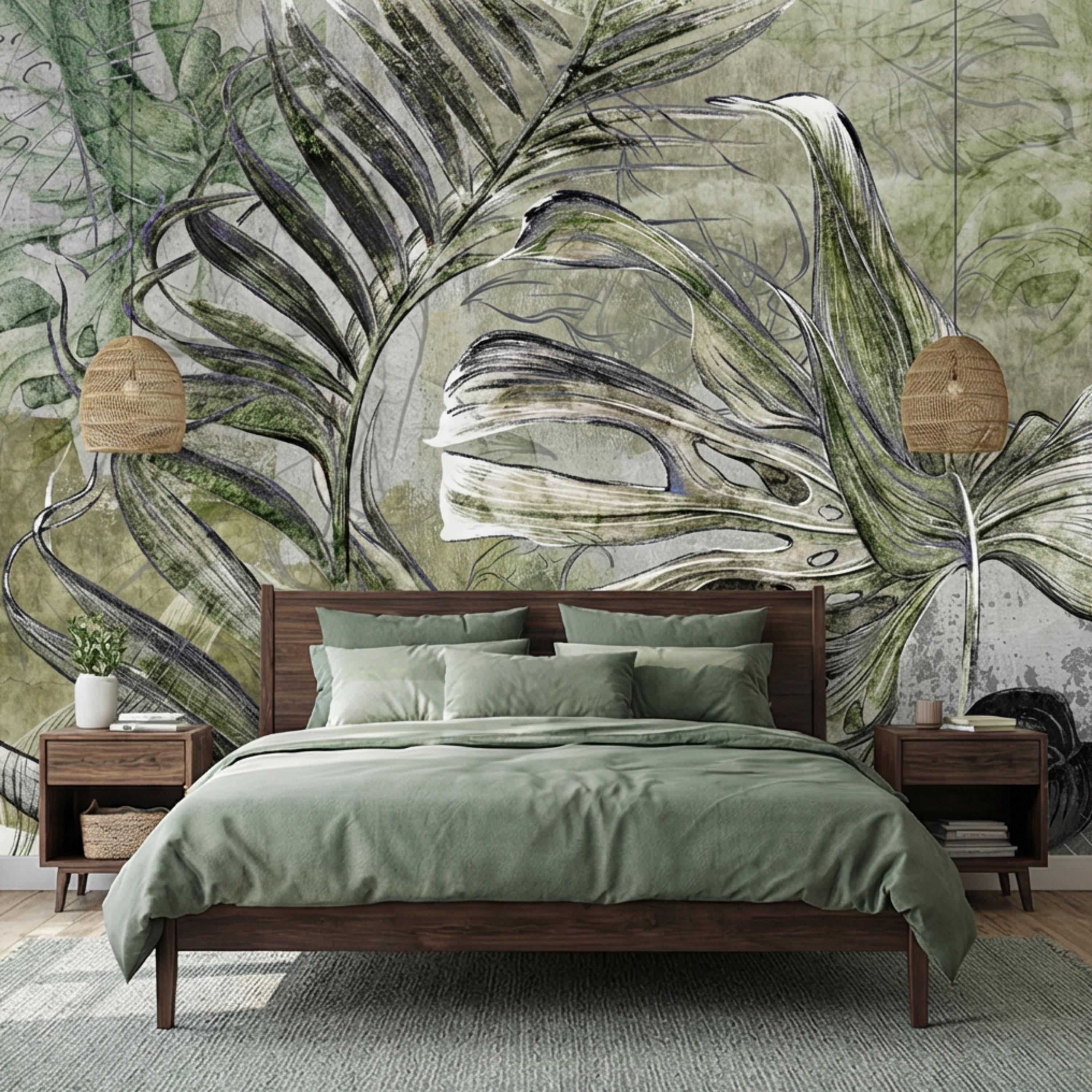 Sage Green Botanical Leaves Peel and Stick Wall Mural, Monstera Palm Watercolor Sketch, Modern Organic Neutral Wallpaper