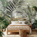 Sage Green Botanical Leaves Peel and Stick Wall Mural, Monstera Palm Watercolor Sketch, Modern Organic Neutral Wallpaper