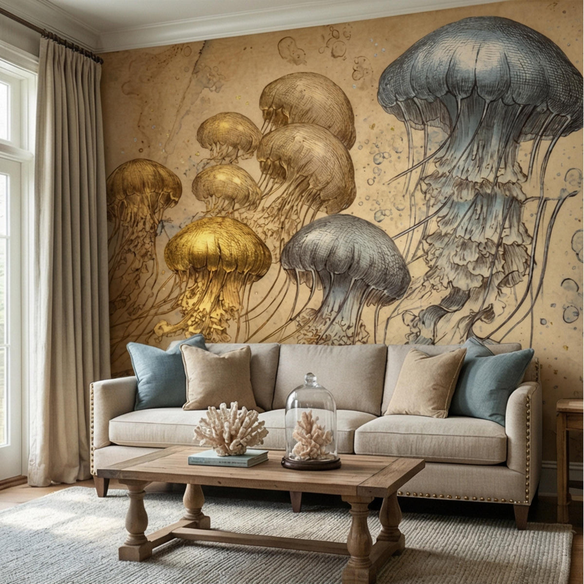 Vintage jellyfish wall mural with gold and blue antique marine illustration on wall