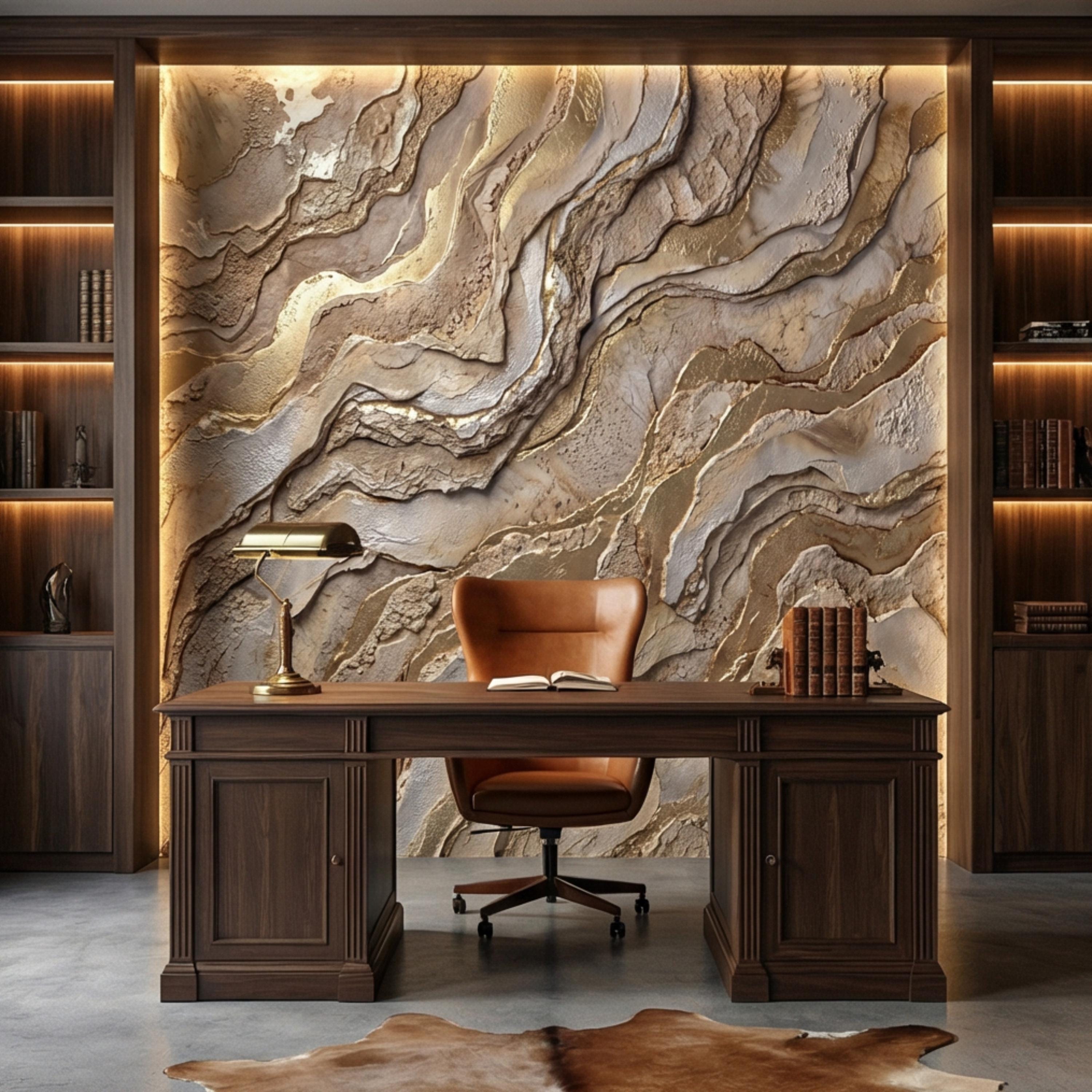 Gold and Beige Abstract Stone Effect Peel and Stick Wall Mural, Luxury Textured Wallpaper, Modern Neutral Accent Wall