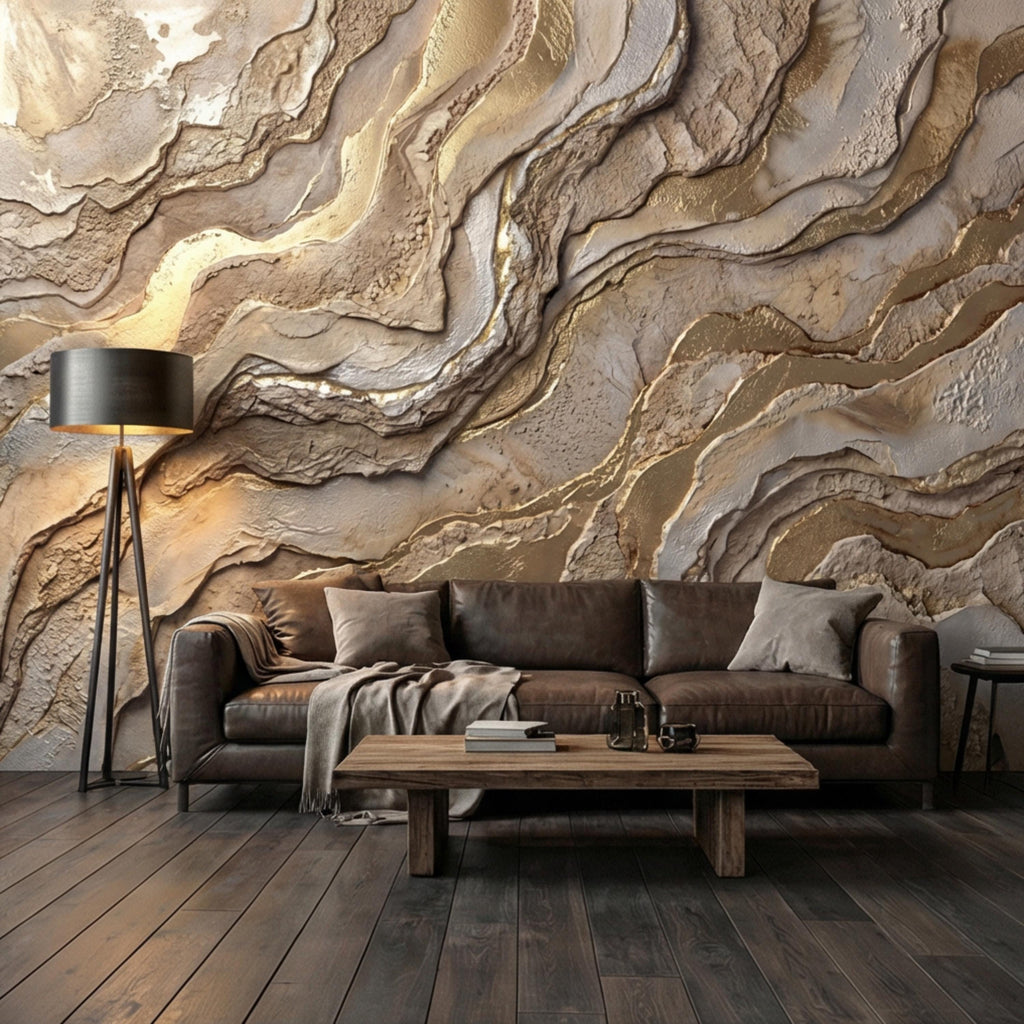 Gold and Beige Abstract Stone Effect Peel and Stick Wall Mural, Luxury Textured Wallpaper, Modern Neutral Accent Wall
