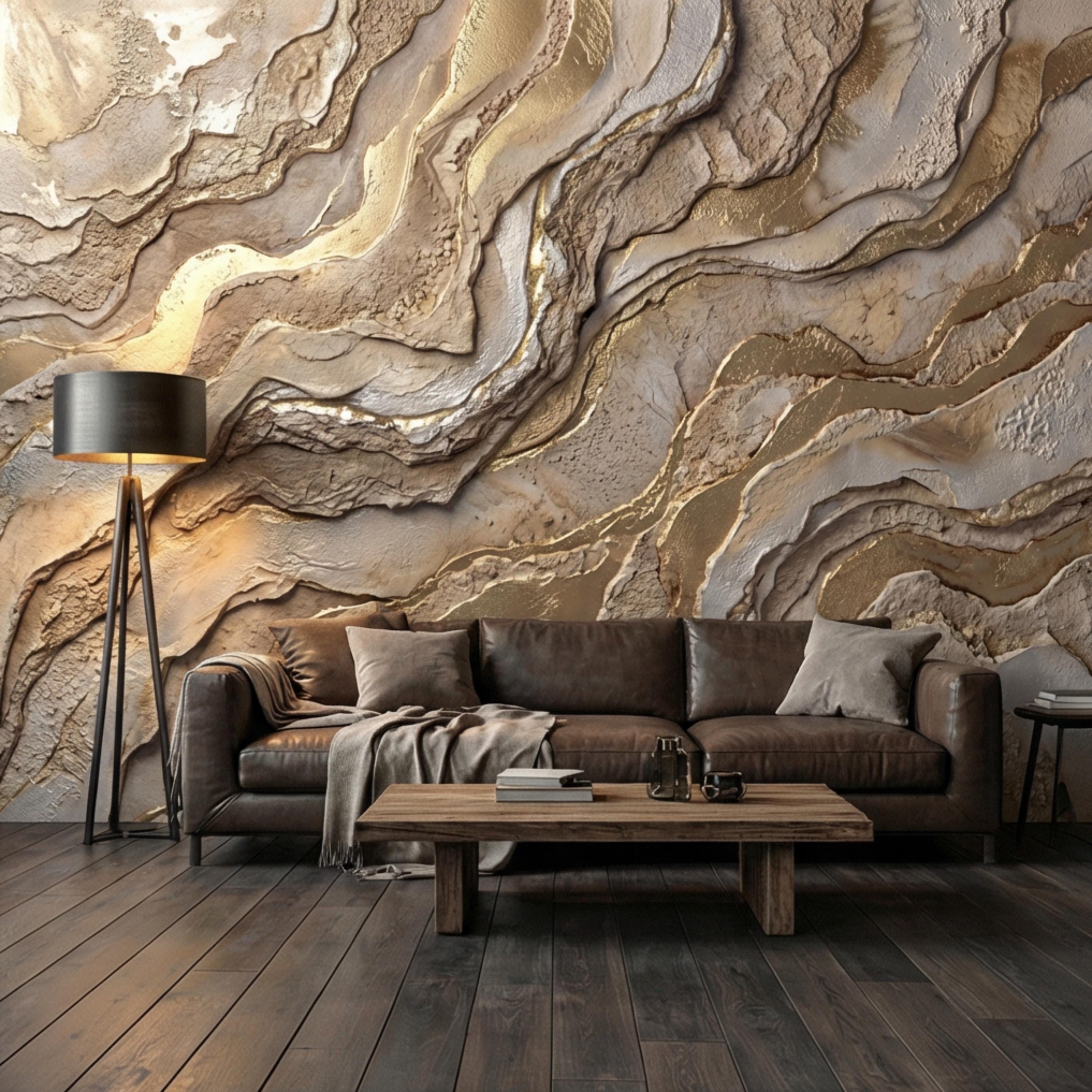 Gold and Beige Abstract Stone Effect Peel and Stick Wall Mural, Luxury Textured Wallpaper, Modern Neutral Accent Wall
