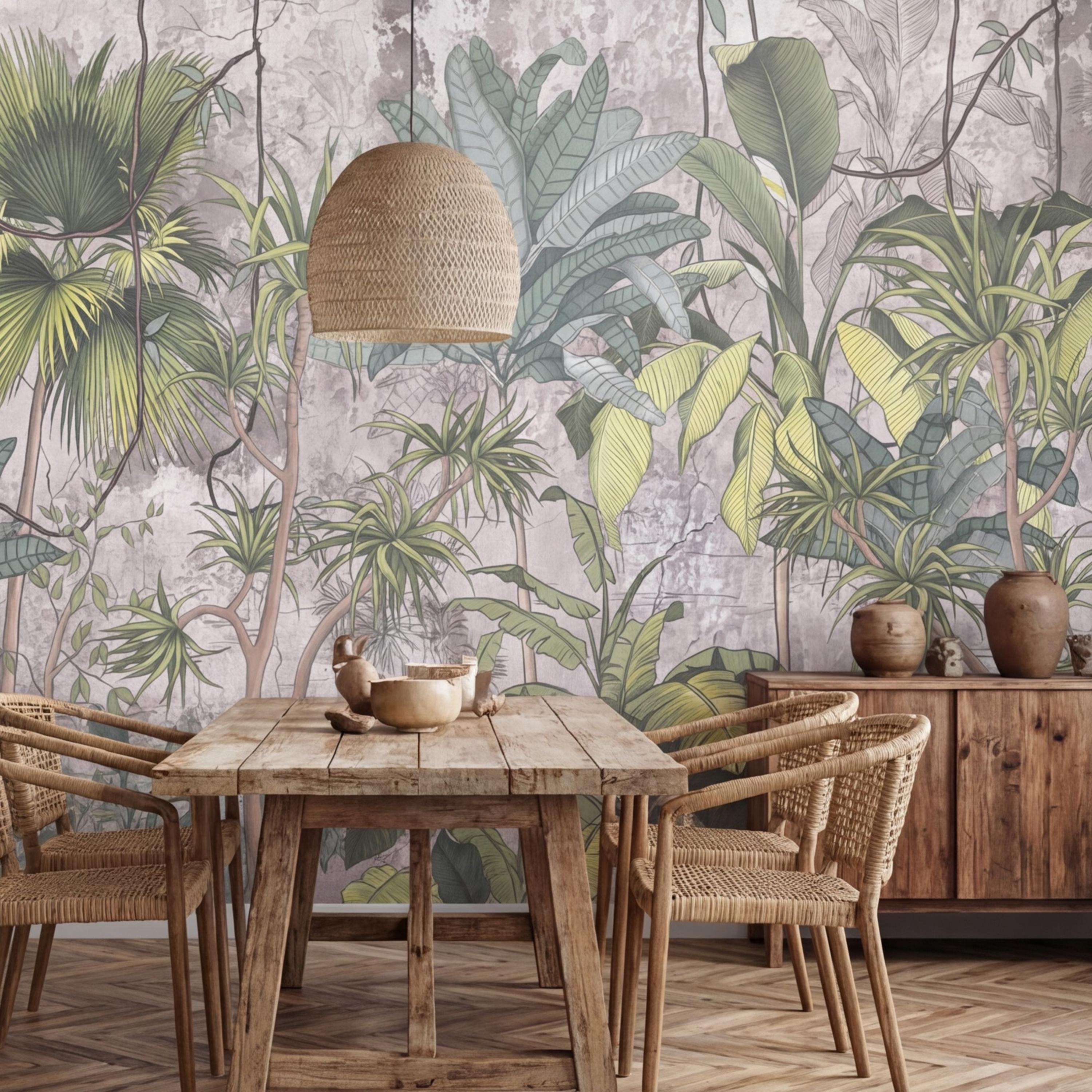 Tropical Jungle Peel and Stick Wall Mural, Sage Green Palm & Banana Leaves, Neutral Textured Plaster Background, Modern Organic Wallpaper