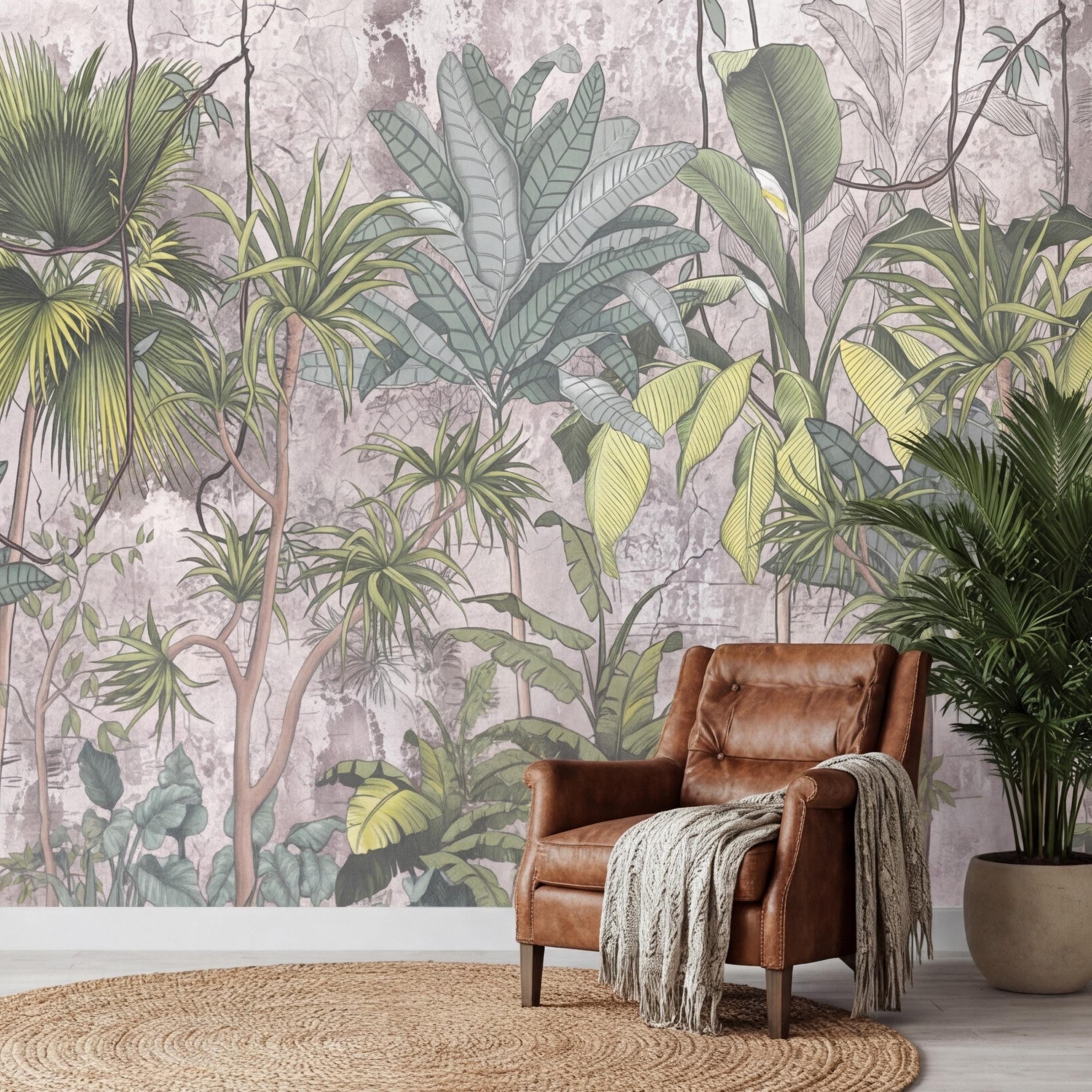 Tropical Jungle Peel and Stick Wall Mural, Sage Green Palm & Banana Leaves, Neutral Textured Plaster Background, Modern Organic Wallpaper