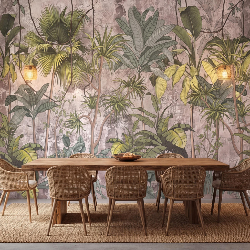 Tropical Jungle Peel and Stick Wall Mural, Sage Green Palm & Banana Leaves, Neutral Textured Plaster Background, Modern Organic Wallpaper