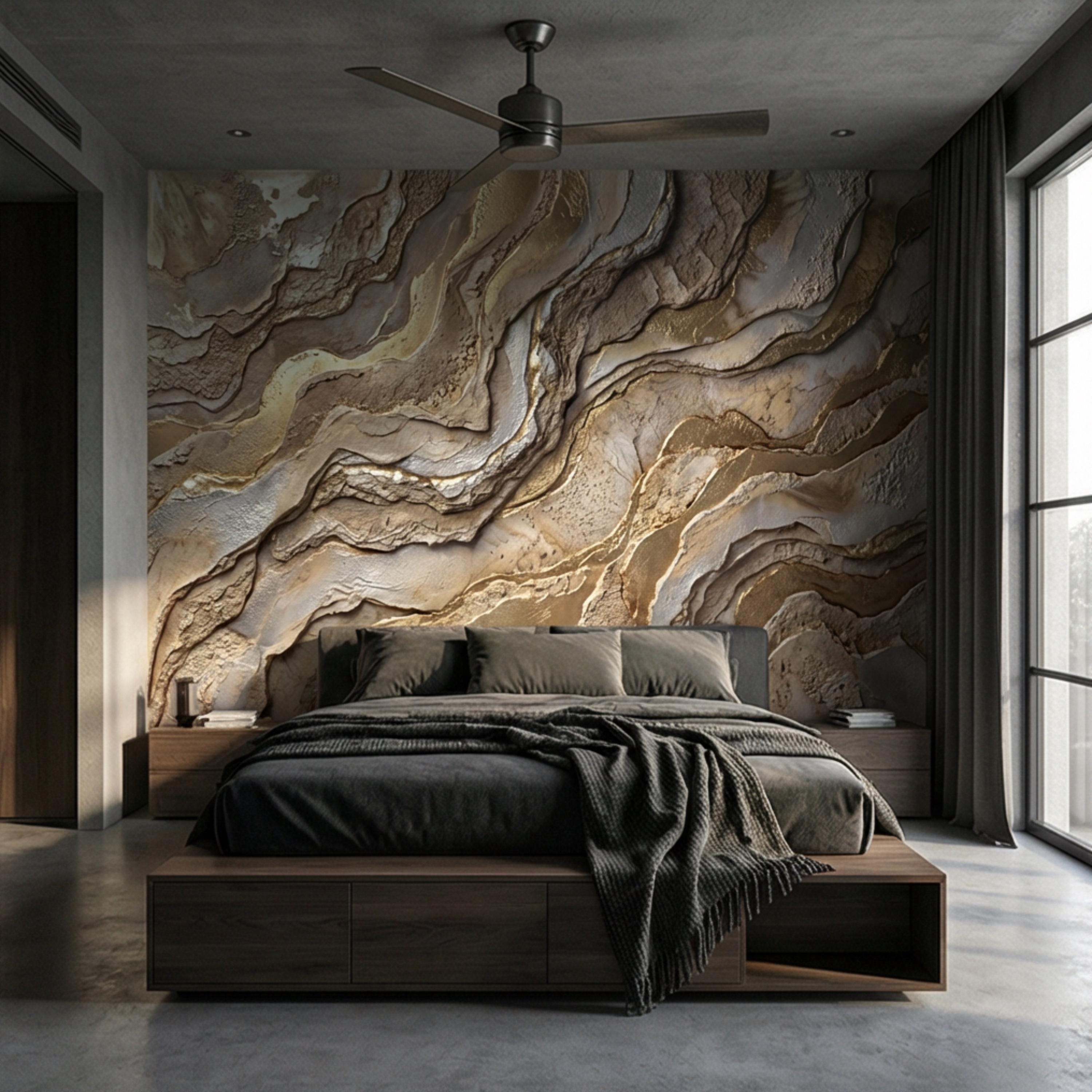 Gold and Beige Abstract Stone Effect Peel and Stick Wall Mural, Luxury Textured Wallpaper, Modern Neutral Accent Wall