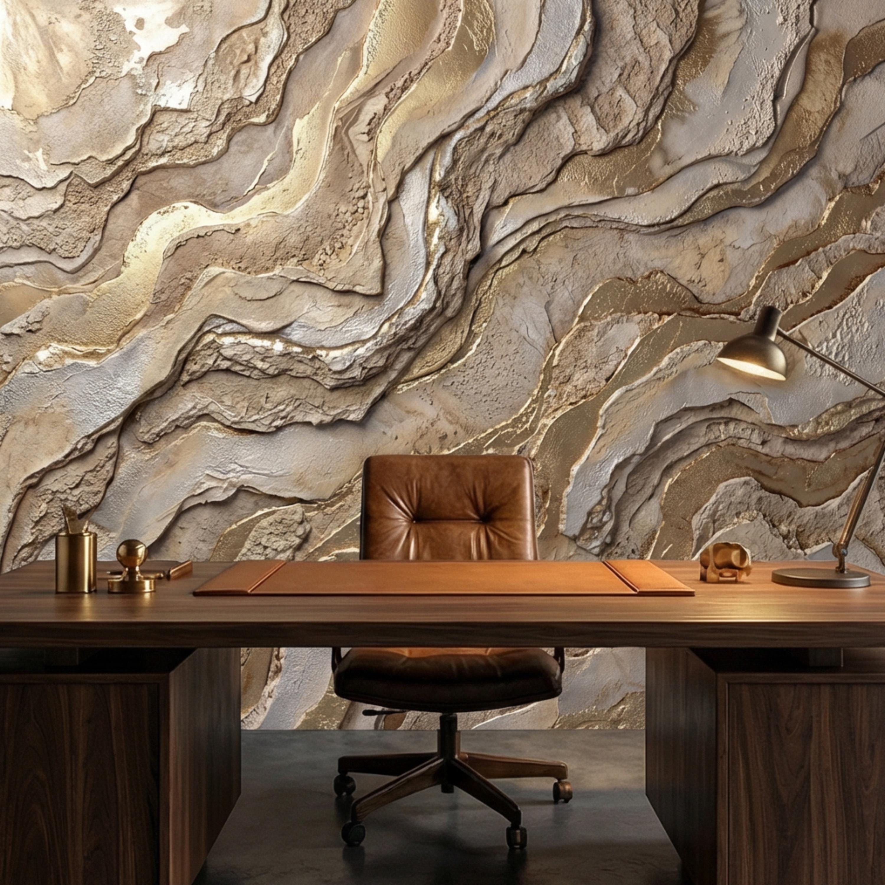 Gold and Beige Abstract Stone Effect Peel and Stick Wall Mural, Luxury Textured Wallpaper, Modern Neutral Accent Wall