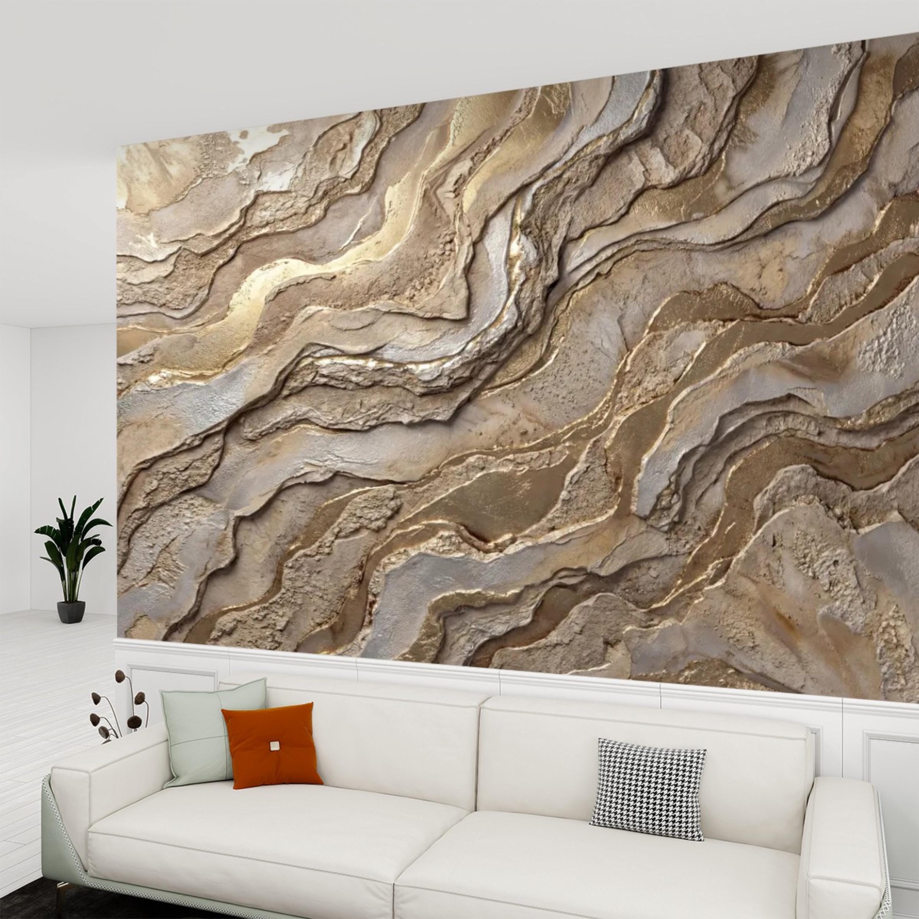 Gold and Beige Abstract Stone Effect Peel and Stick Wall Mural, Luxury Textured Wallpaper, Modern Neutral Accent Wall