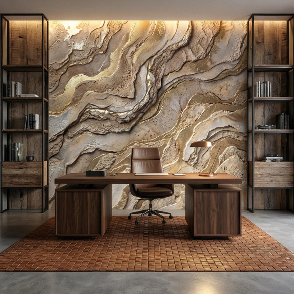 Gold and Beige Abstract Stone Effect Peel and Stick Wall Mural, Luxury Textured Wallpaper, Modern Neutral Accent Wall
