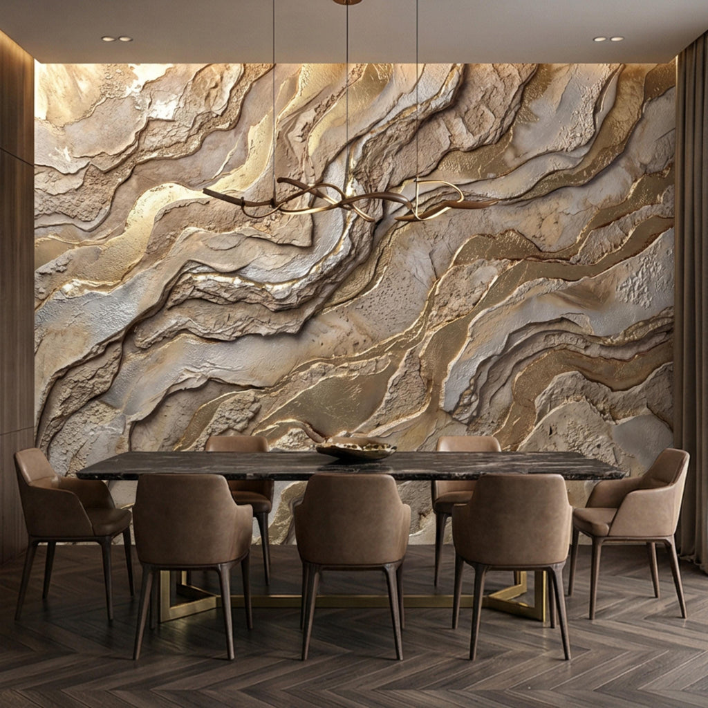 Gold and Beige Abstract Stone Effect Peel and Stick Wall Mural, Luxury Textured Wallpaper, Modern Neutral Accent Wall