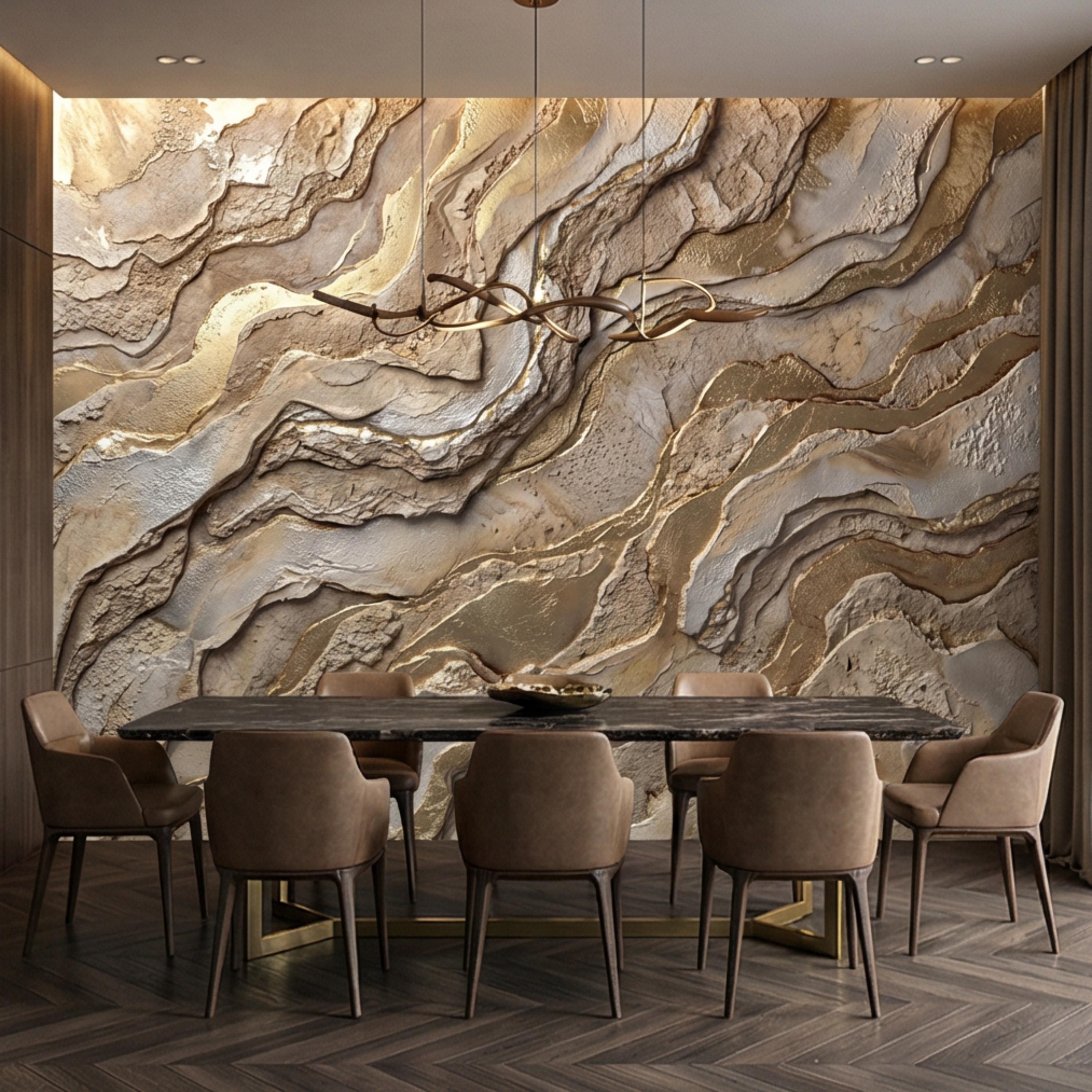 Gold and Beige Abstract Stone Effect Peel and Stick Wall Mural, Luxury Textured Wallpaper, Modern Neutral Accent Wall