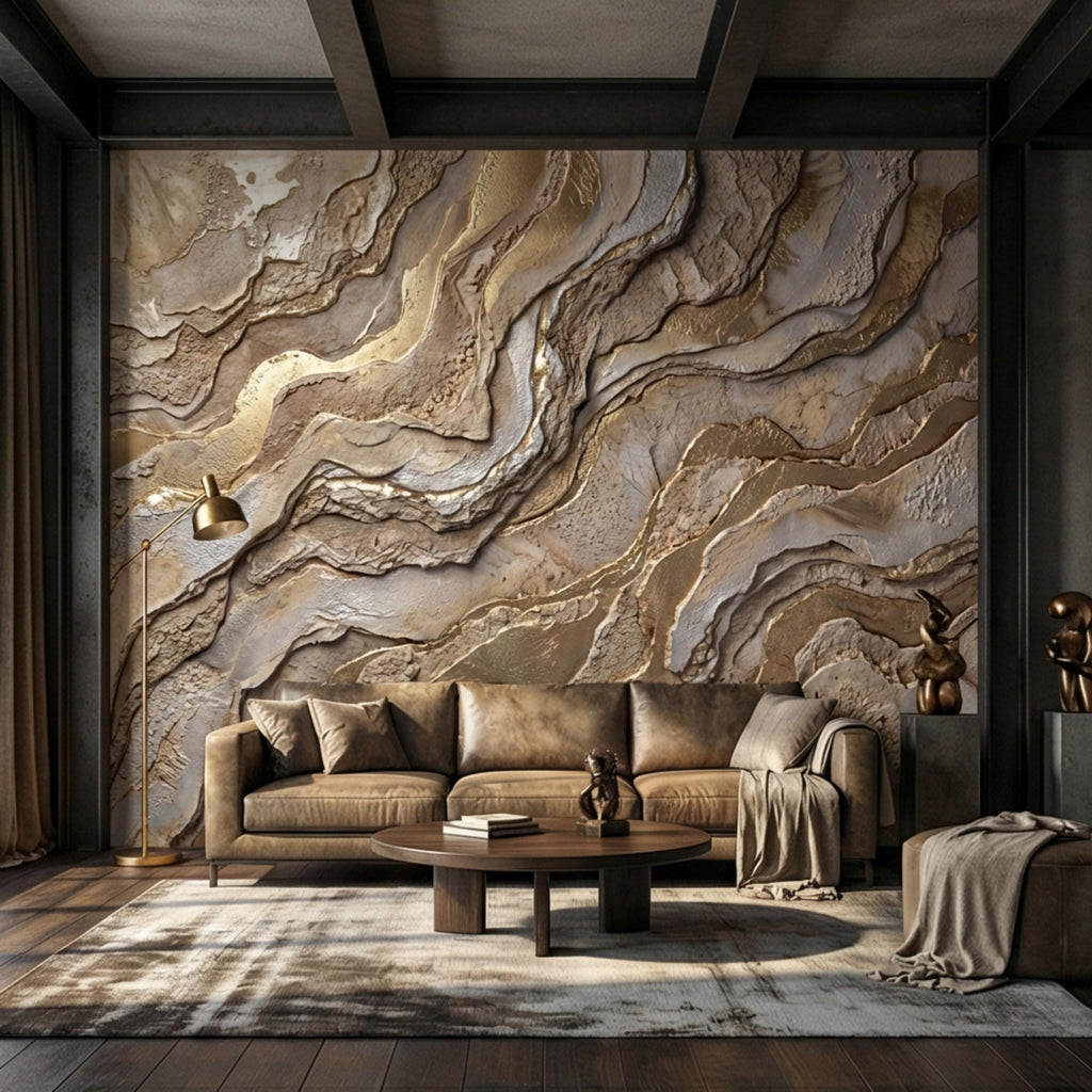 Gold and Beige Abstract Stone Effect Peel and Stick Wall Mural, Luxury Textured Wallpaper, Modern Neutral Accent Wall