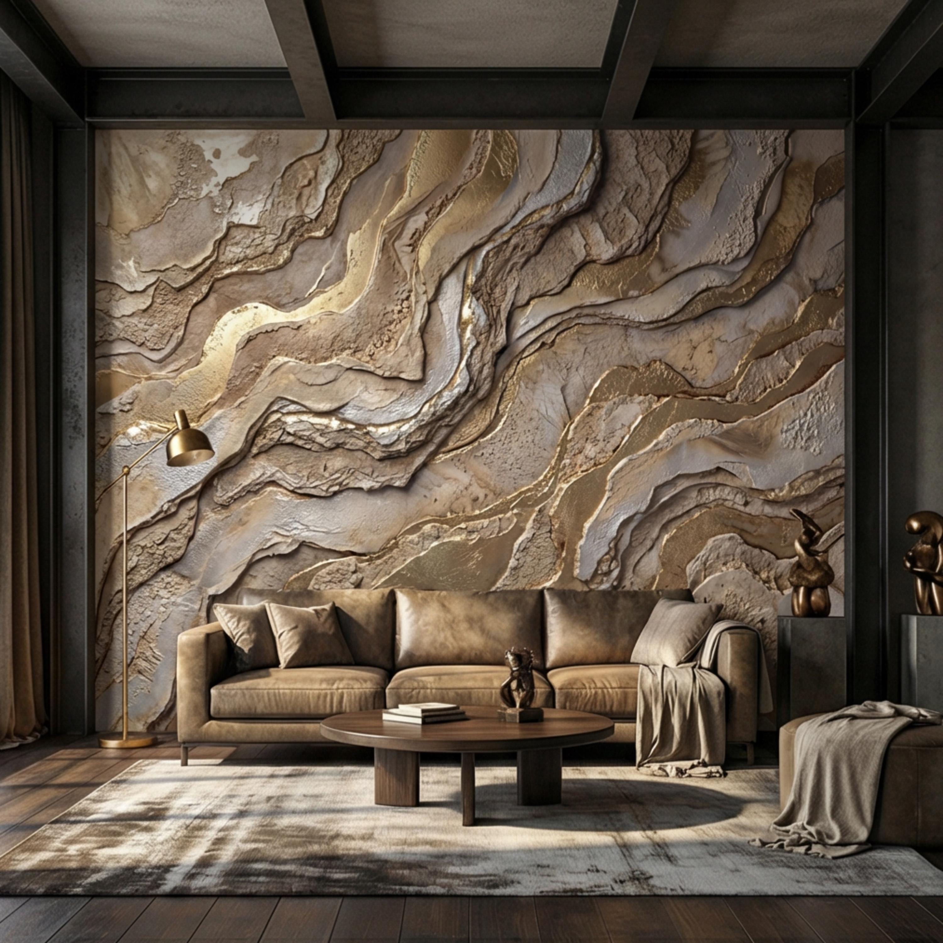 Gold and Beige Abstract Stone Effect Peel and Stick Wall Mural, Luxury Textured Wallpaper, Modern Neutral Accent Wall