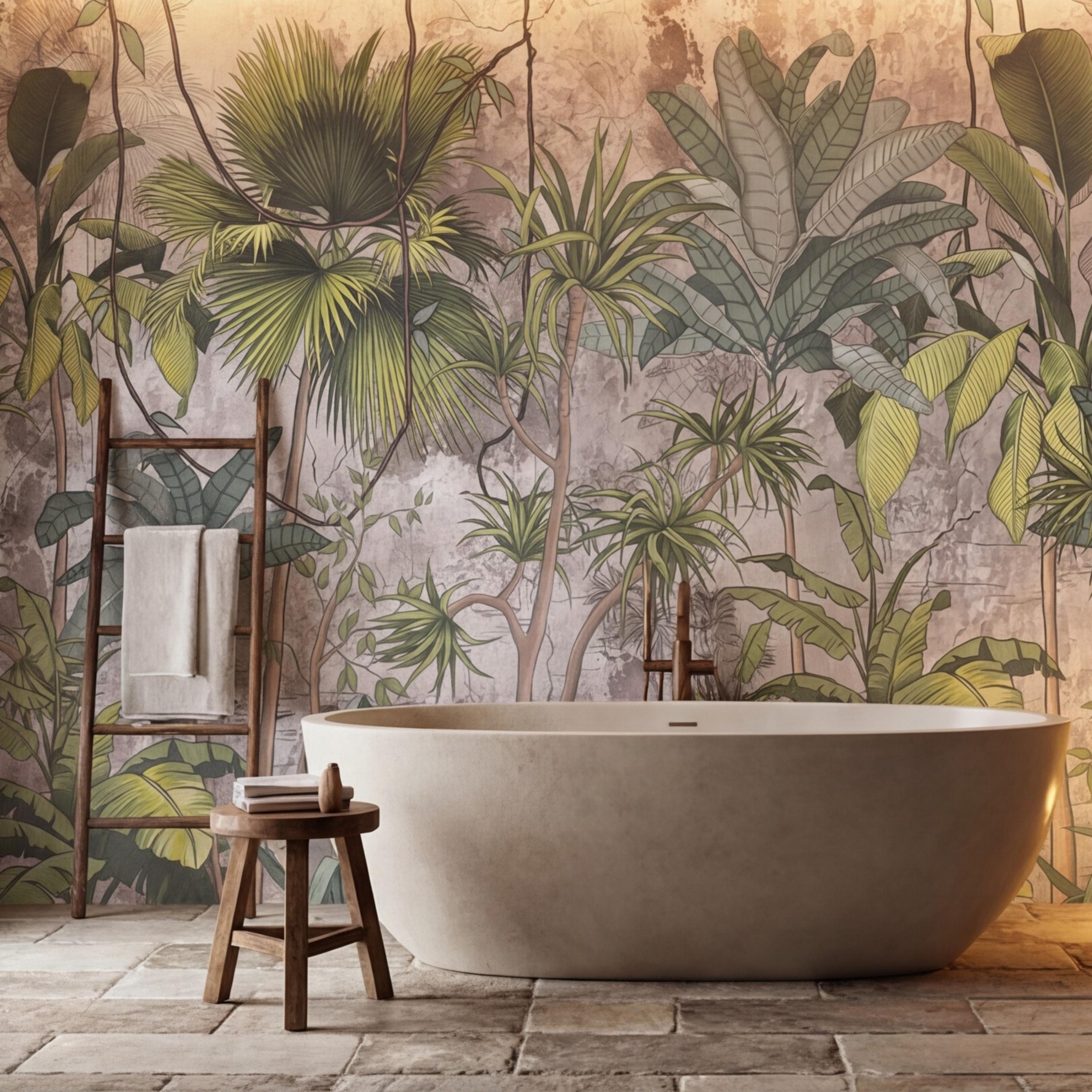 Tropical Jungle Peel and Stick Wall Mural, Sage Green Palm & Banana Leaves, Neutral Textured Plaster Background, Modern Organic Wallpaper