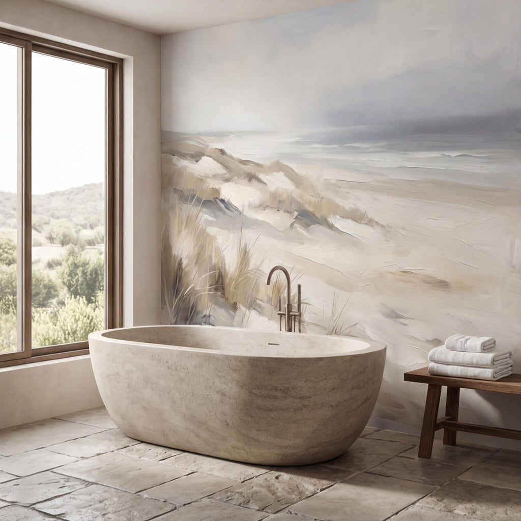 Neutral Coastal Sand Dunes Seascape Peel and Stick Wall Mural, Minimal Beige Gray Ocean Landscape, Modern Organic Wallpaper