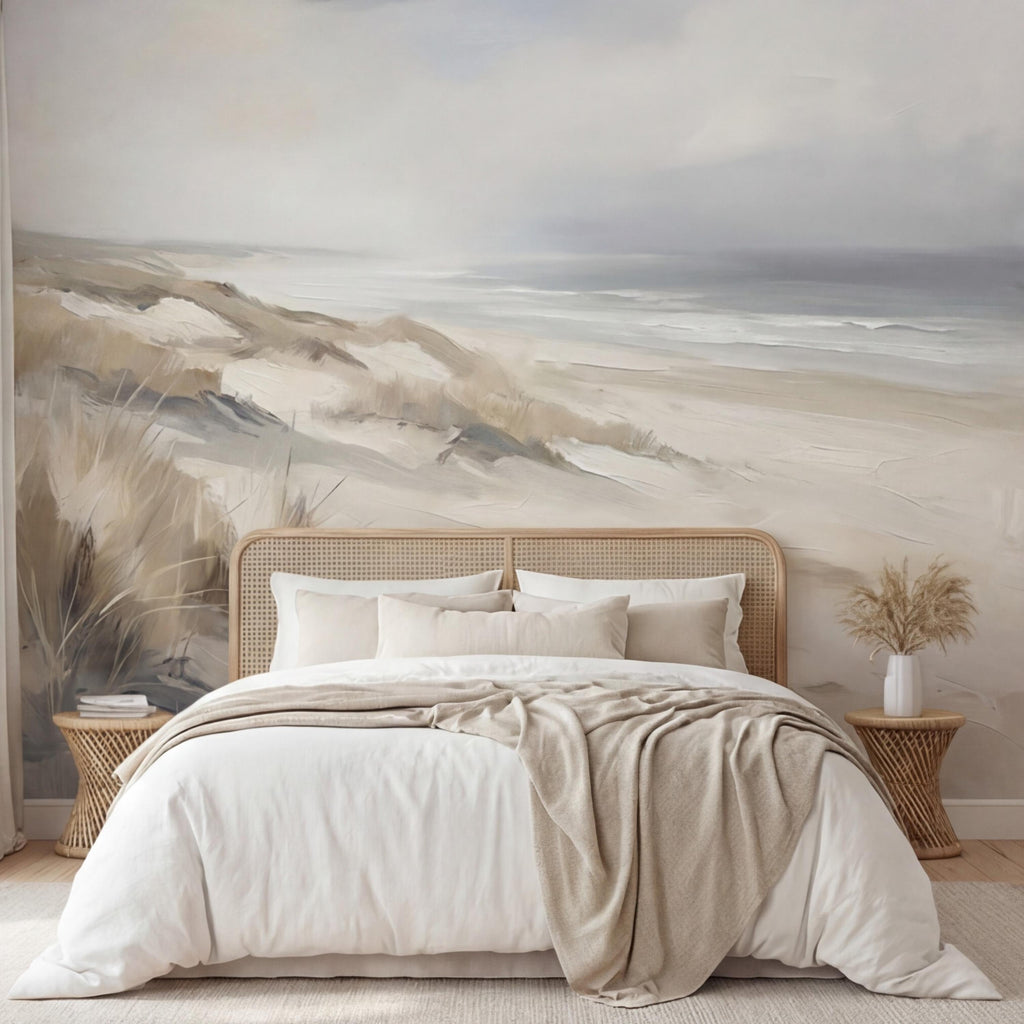 Neutral Coastal Sand Dunes Seascape Peel and Stick Wall Mural, Minimal Beige Gray Ocean Landscape, Modern Organic Wallpaper