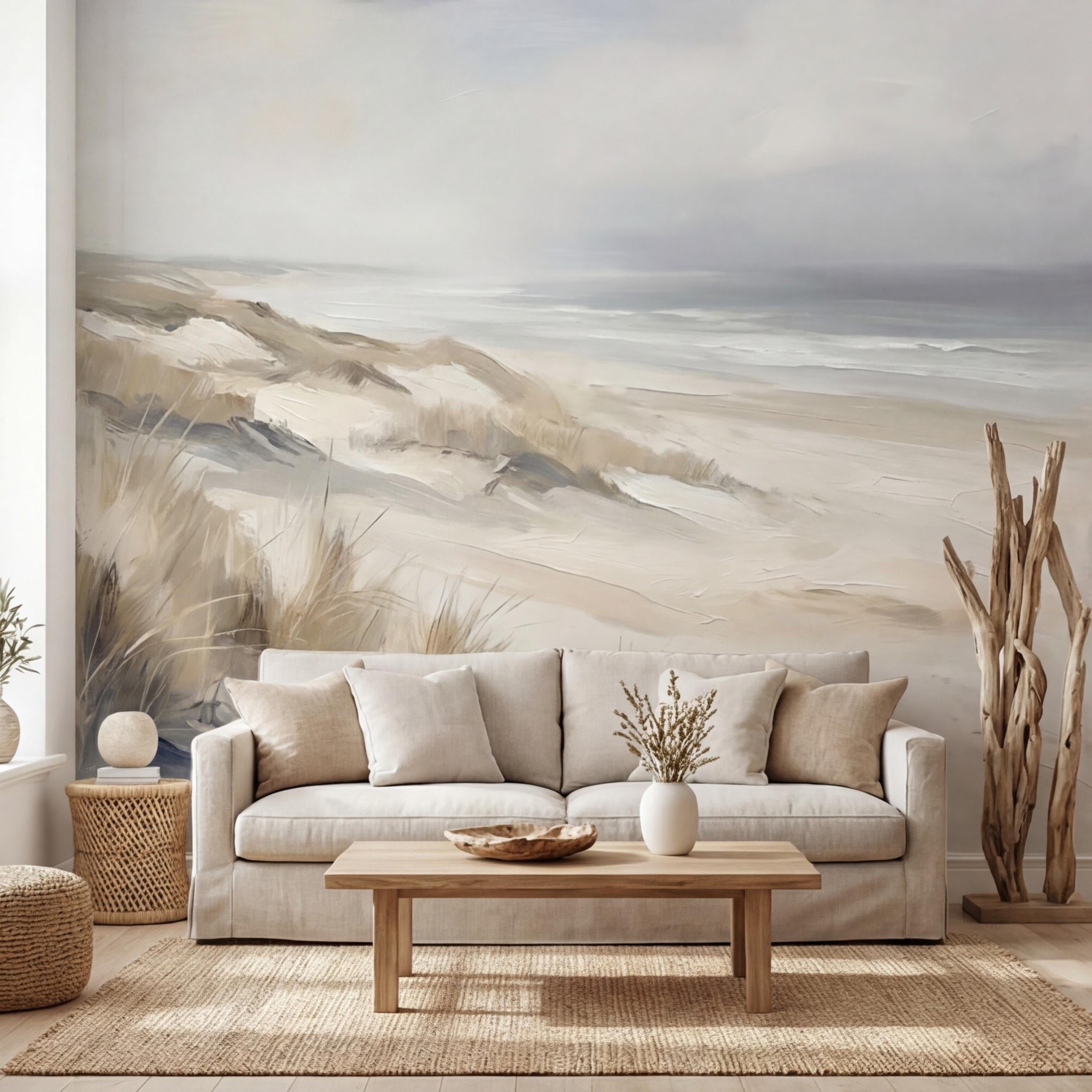 Neutral Coastal Sand Dunes Seascape Peel and Stick Wall Mural, Minimal Beige Gray Ocean Landscape, Modern Organic Wallpaper
