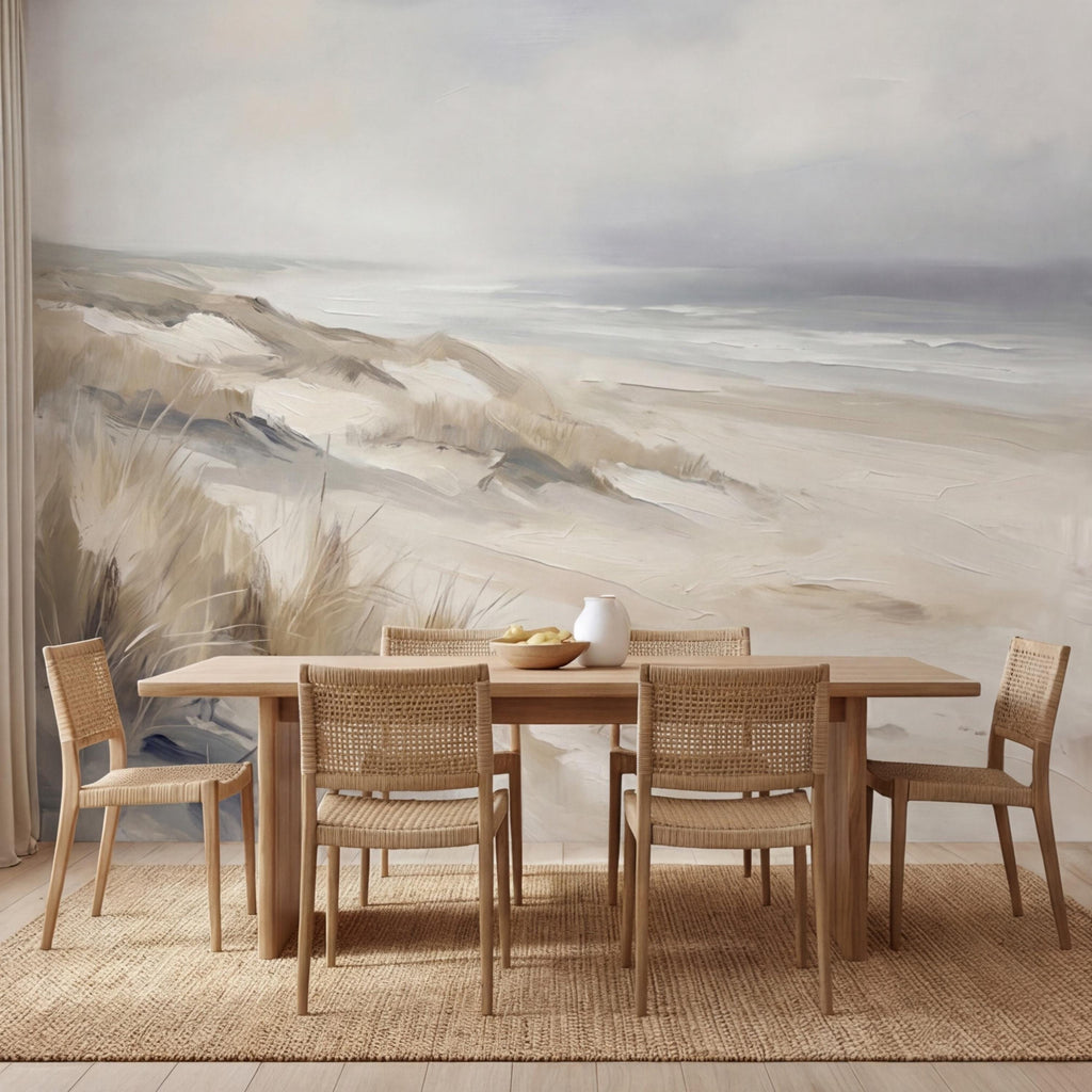 Neutral Coastal Sand Dunes Seascape Peel and Stick Wall Mural, Minimal Beige Gray Ocean Landscape, Modern Organic Wallpaper