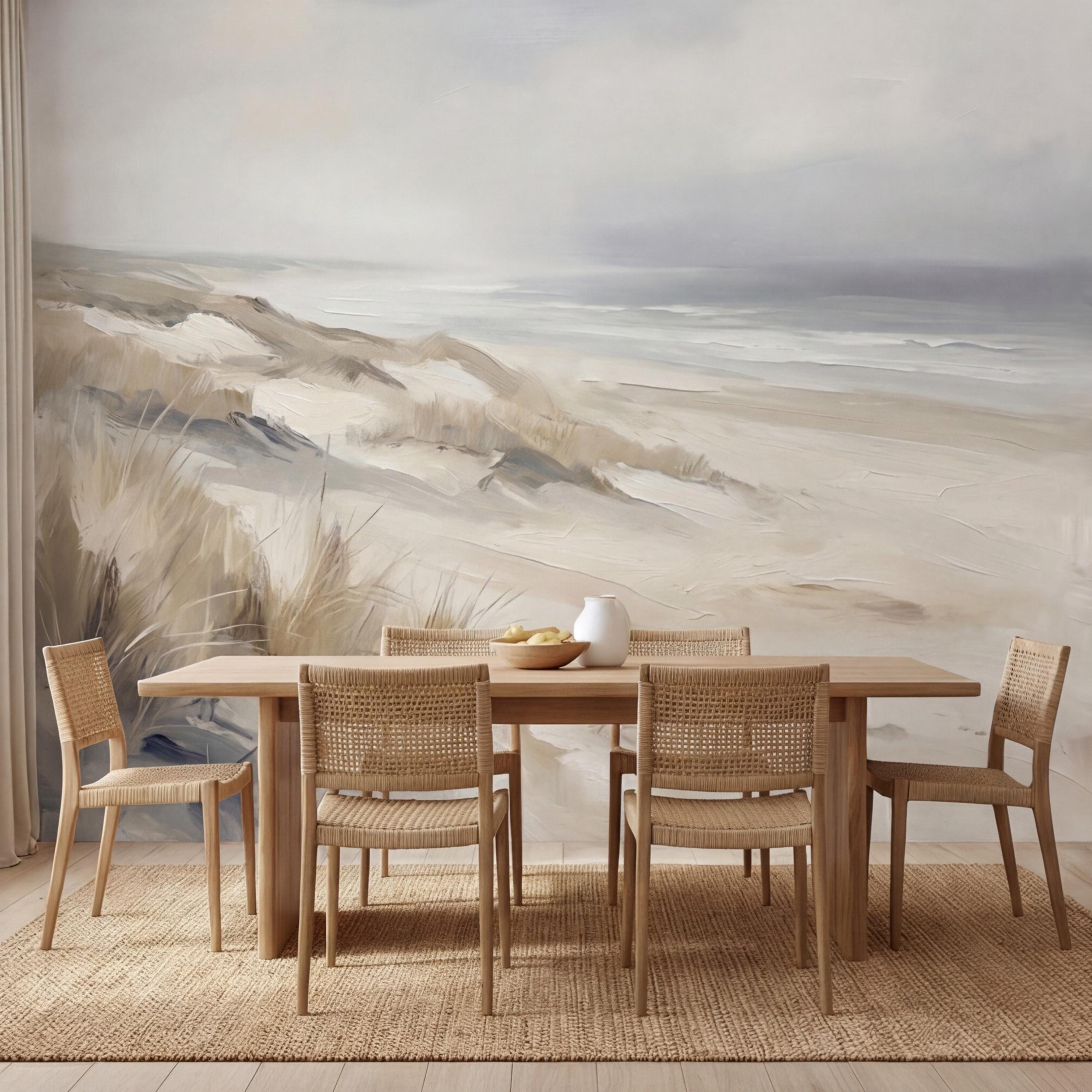 Neutral Coastal Sand Dunes Seascape Peel and Stick Wall Mural, Minimal Beige Gray Ocean Landscape, Modern Organic Wallpaper