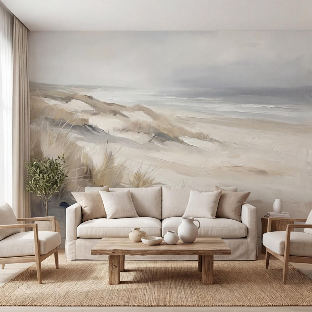 Neutral Coastal Sand Dunes Seascape Peel and Stick Wall Mural, Minimal Beige Gray Ocean Landscape, Modern Organic Wallpaper
