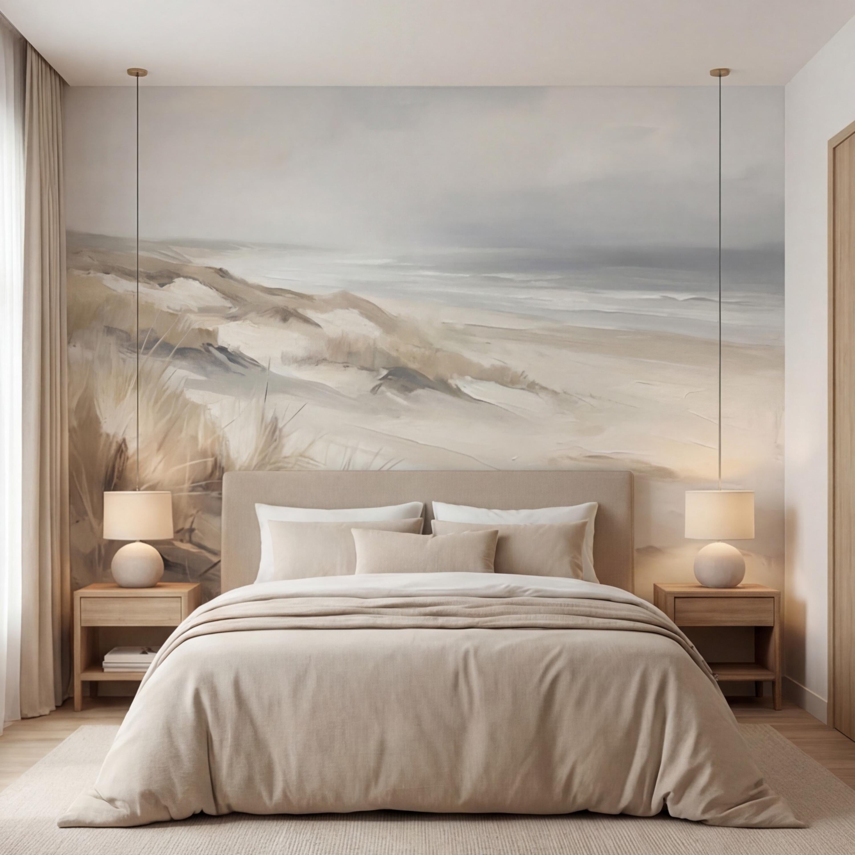 Neutral Coastal Sand Dunes Seascape Peel and Stick Wall Mural, Minimal Beige Gray Ocean Landscape, Modern Organic Wallpaper