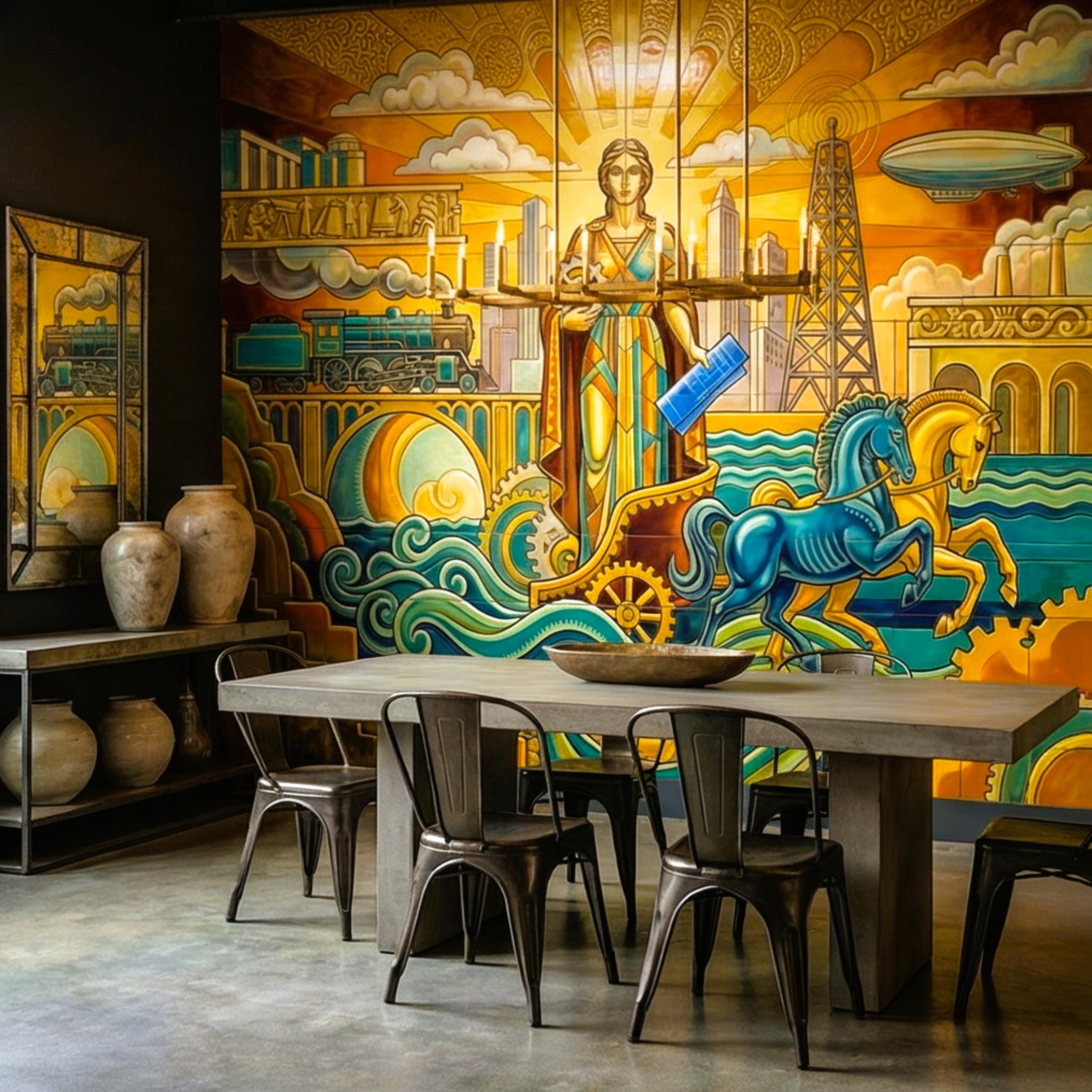 Vintage Retro Art Deco Industrial Peel and Stick Wall Mural, Grand Golden Era Industrial Cityscape Wallpaper