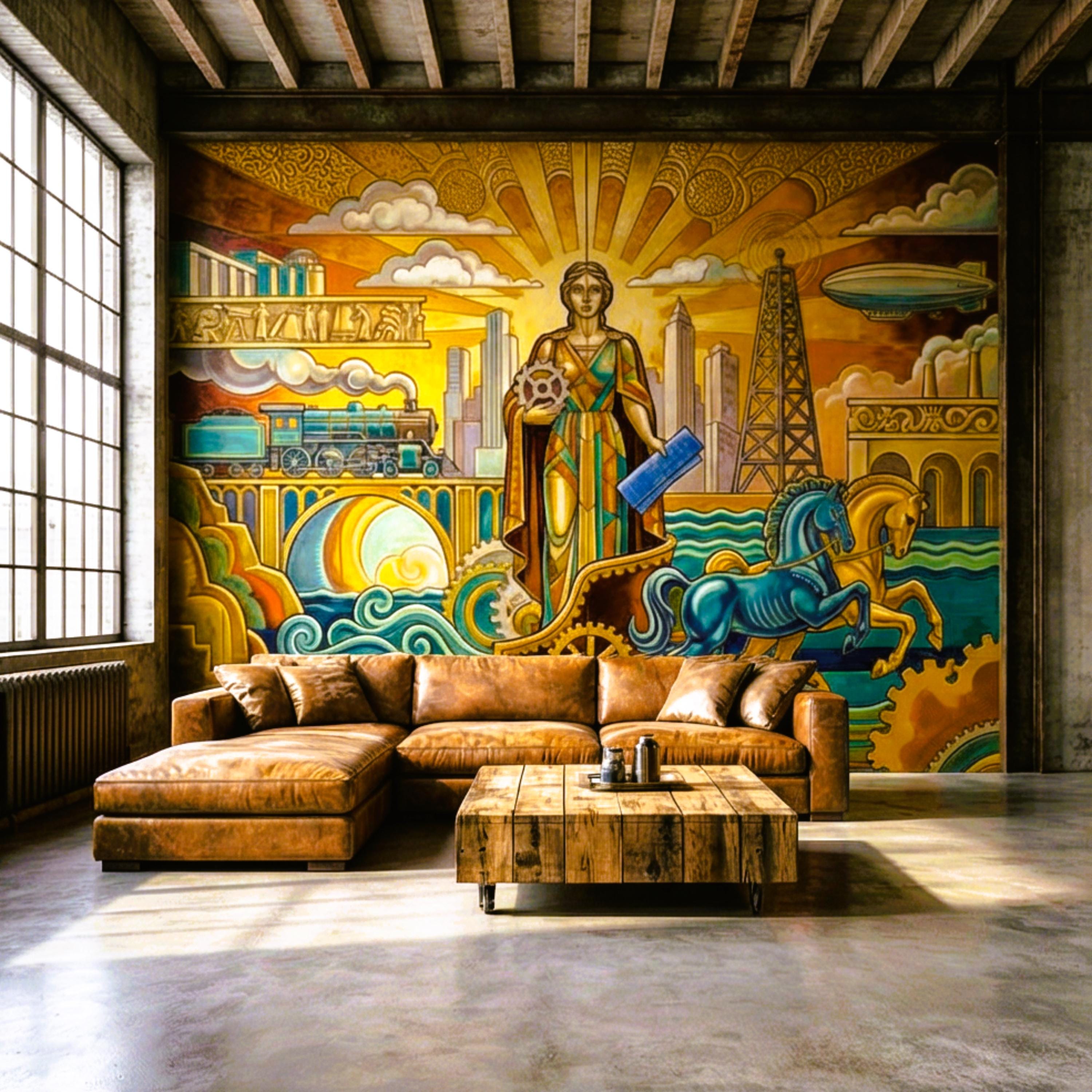Vintage Retro Art Deco Industrial Peel and Stick Wall Mural, Grand Golden Era Industrial Cityscape Wallpaper