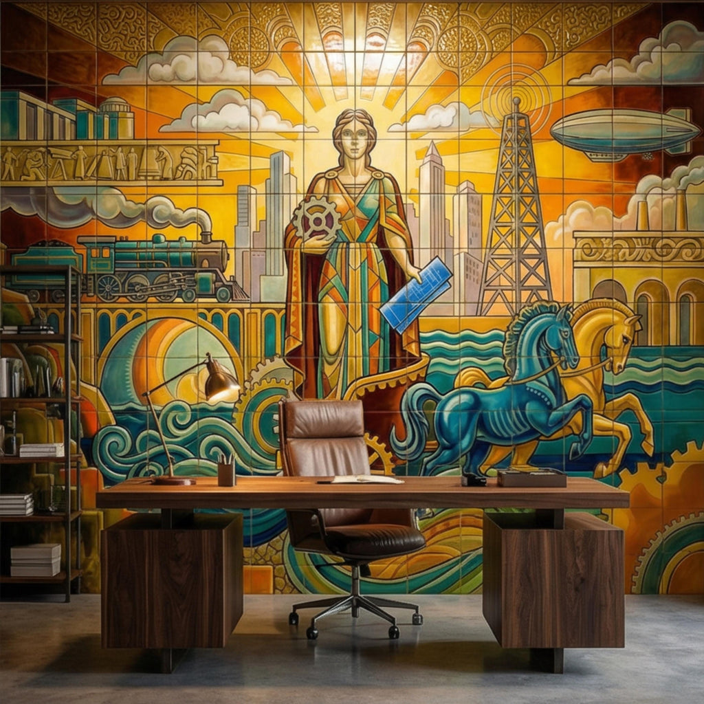Vintage Retro Art Deco Industrial Peel and Stick Wall Mural, Grand Golden Era Industrial Cityscape Wallpaper