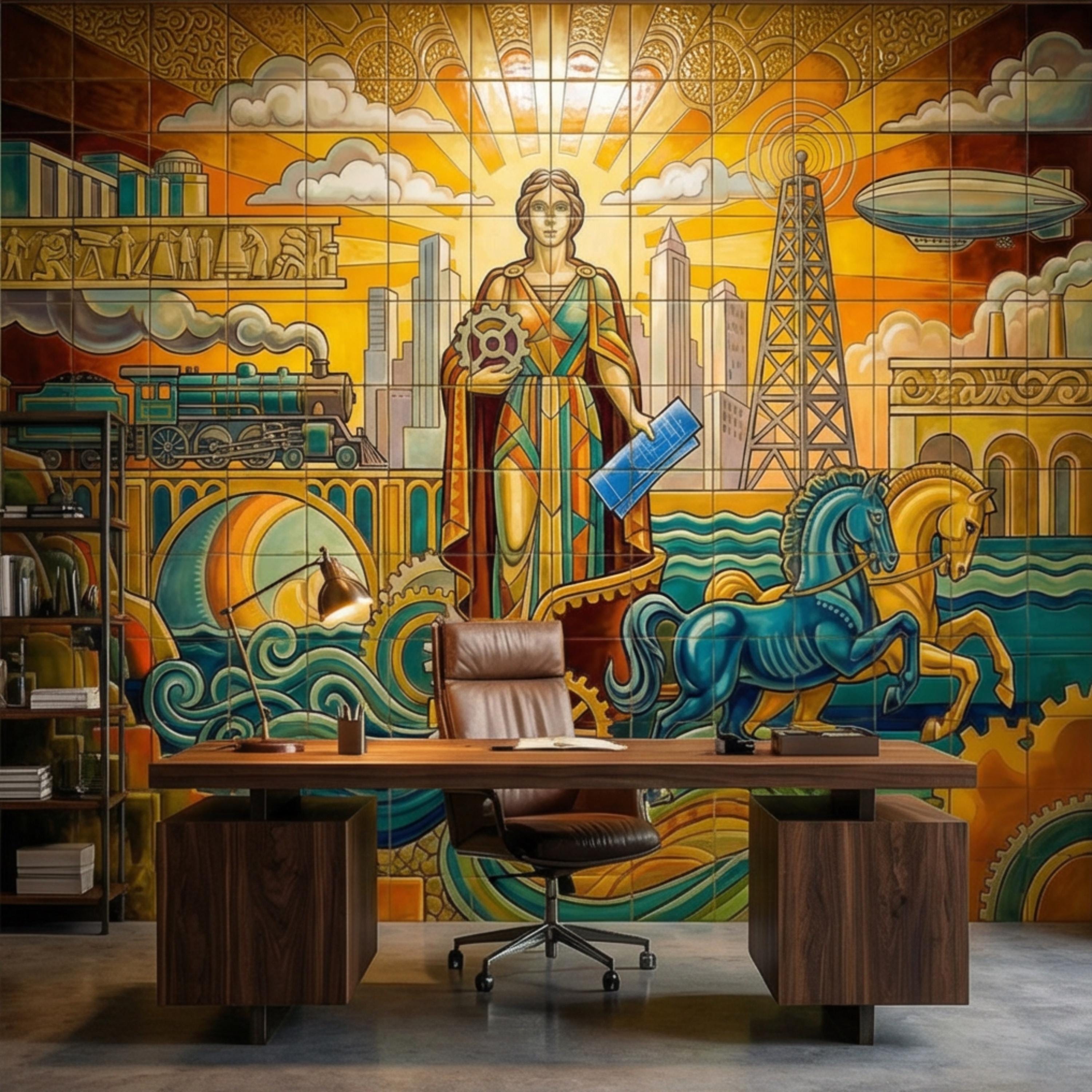 Vintage Retro Art Deco Industrial Peel and Stick Wall Mural, Grand Golden Era Industrial Cityscape Wallpaper