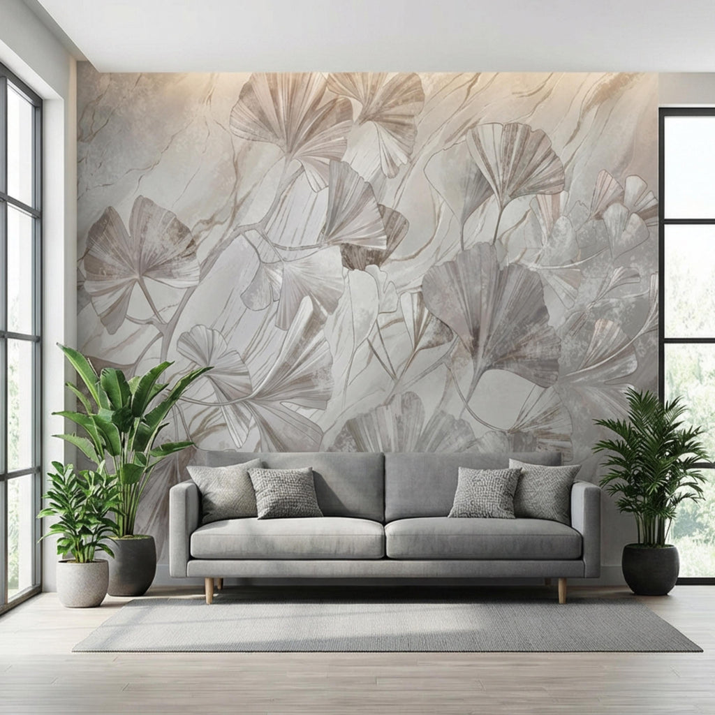 Modern Organic Neutral Ginkgo Leaves on Beige Marble Peel and Stick Wall Mural, Minimal Botanical Wallpaper