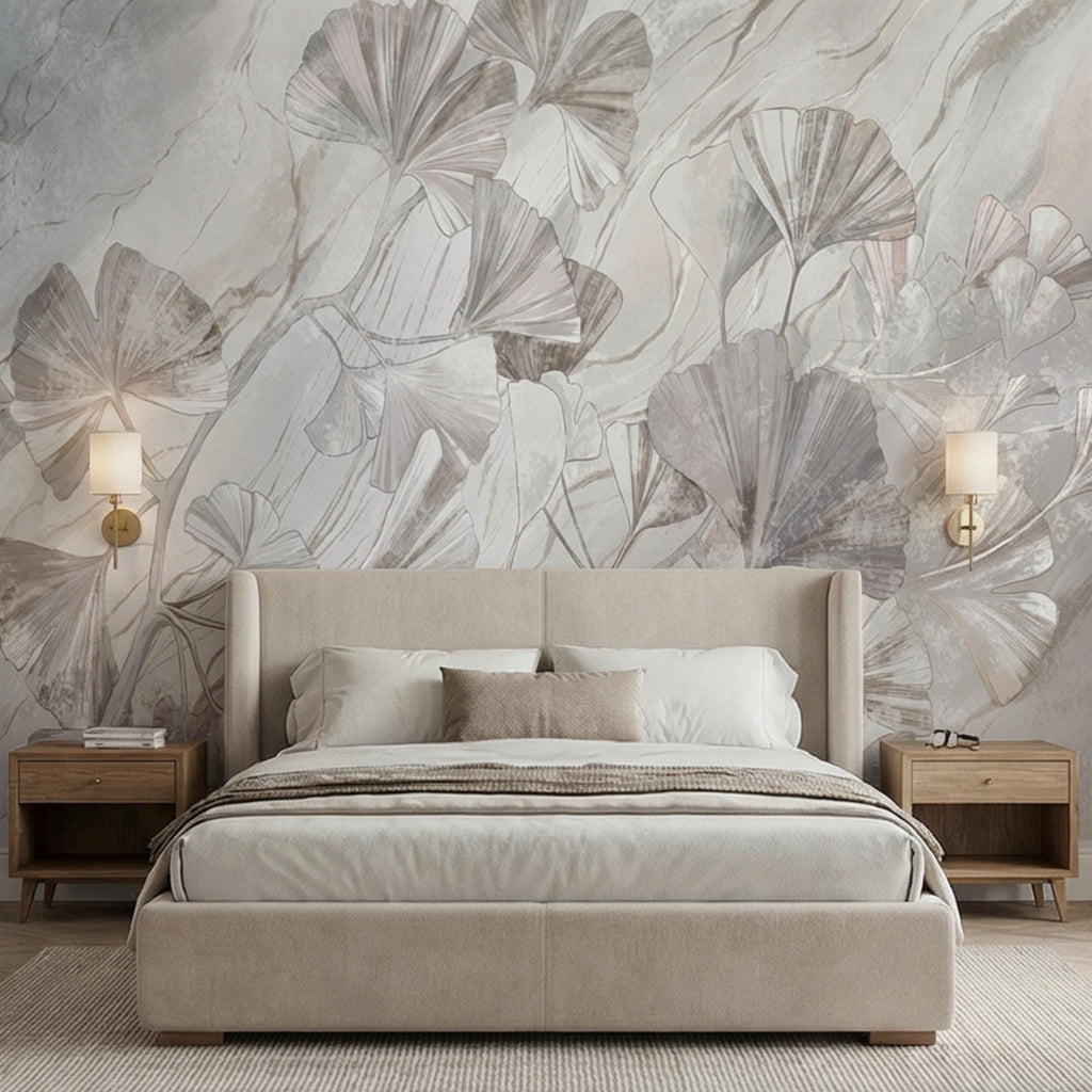 Modern Organic Neutral Ginkgo Leaves on Beige Marble Peel and Stick Wall Mural, Minimal Botanical Wallpaper