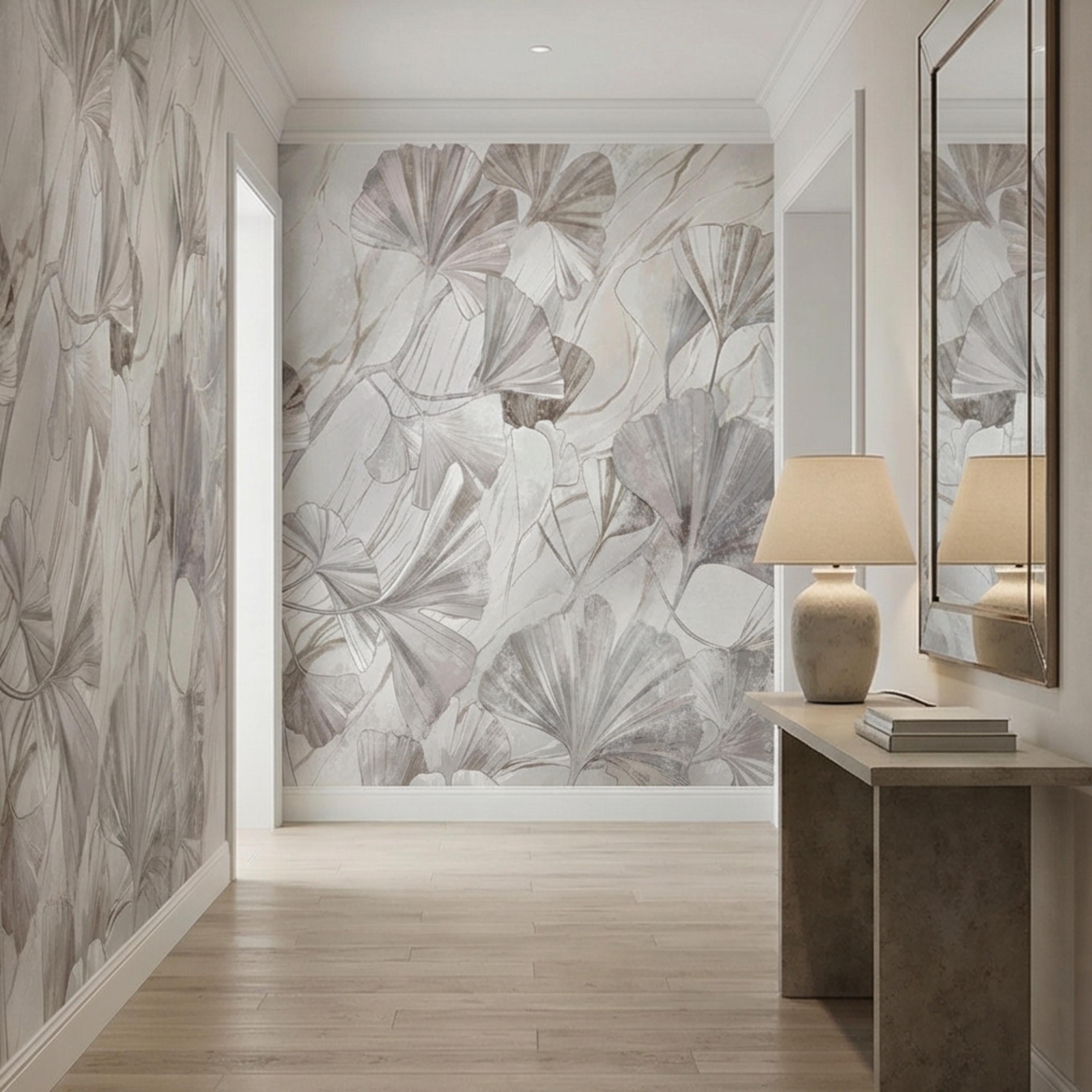 Modern Organic Neutral Ginkgo Leaves on Beige Marble Peel and Stick Wall Mural, Minimal Botanical Wallpaper