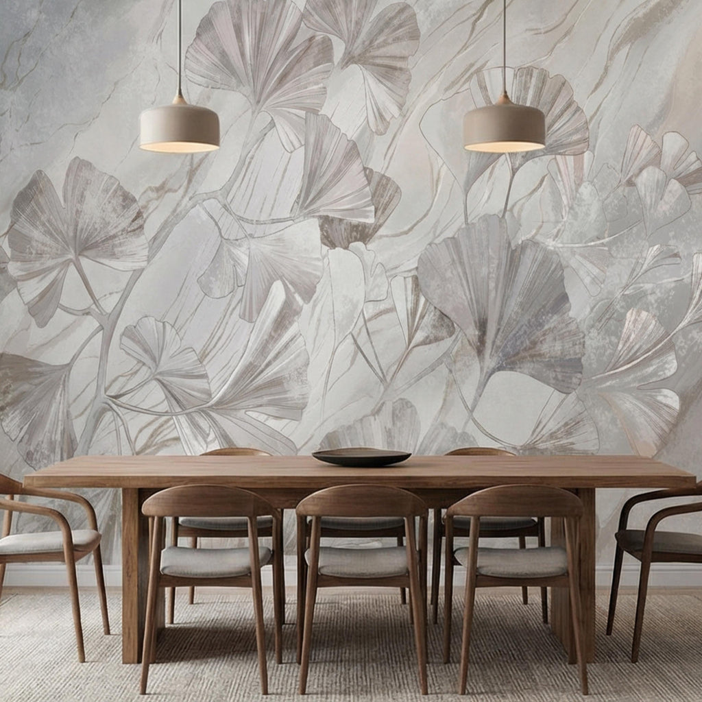 Modern Organic Neutral Ginkgo Leaves on Beige Marble Peel and Stick Wall Mural, Minimal Botanical Wallpaper