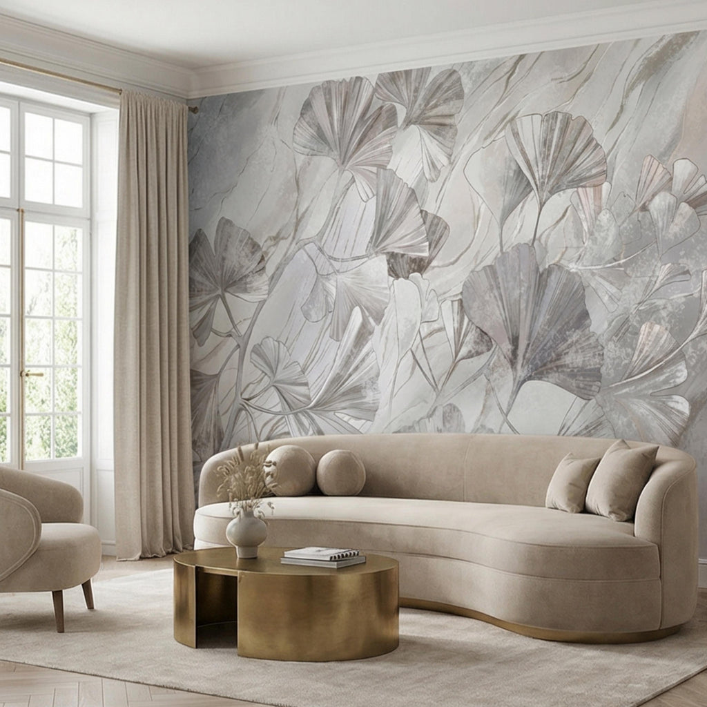 Modern Organic Neutral Ginkgo Leaves on Beige Marble Peel and Stick Wall Mural, Minimal Botanical Wallpaper