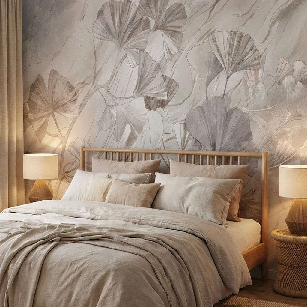 Modern Organic Neutral Ginkgo Leaves on Beige Marble Peel and Stick Wall Mural, Minimal Botanical Wallpaper