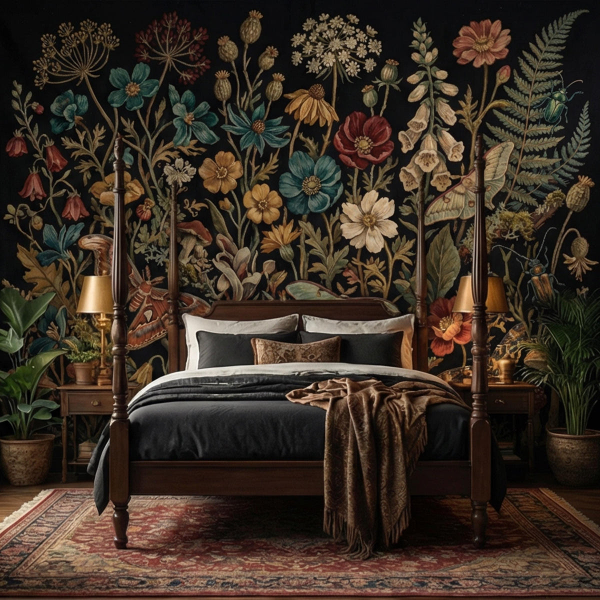 Dark botanical wall mural with wildflowers, ferns, mushrooms, and moth details