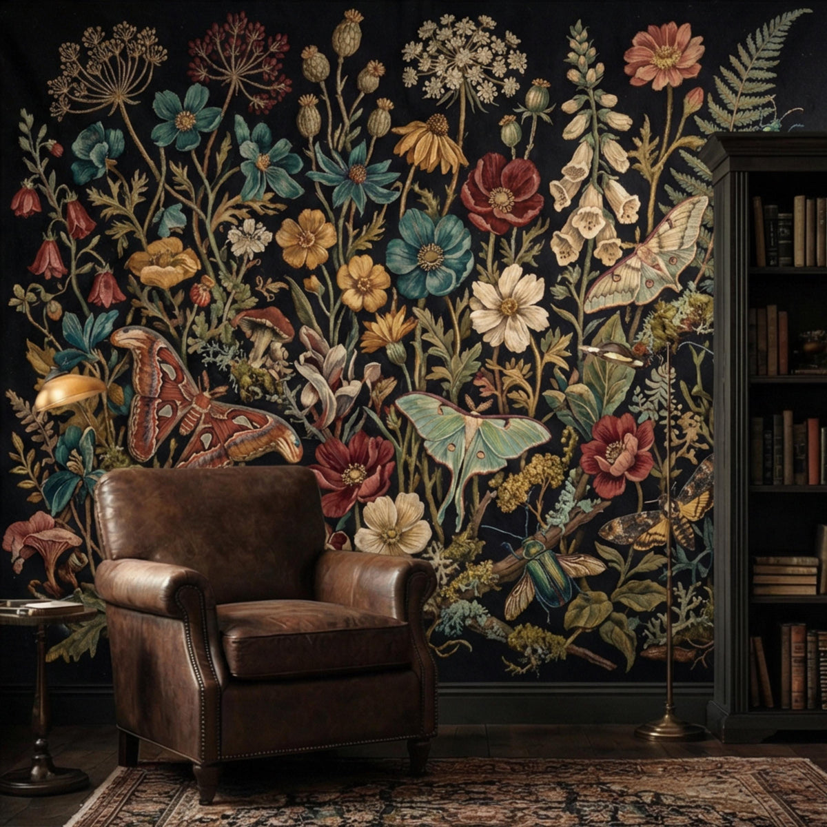 Dark floral botanical wall mural with wildflowers, ferns, mushrooms, and a winged moth