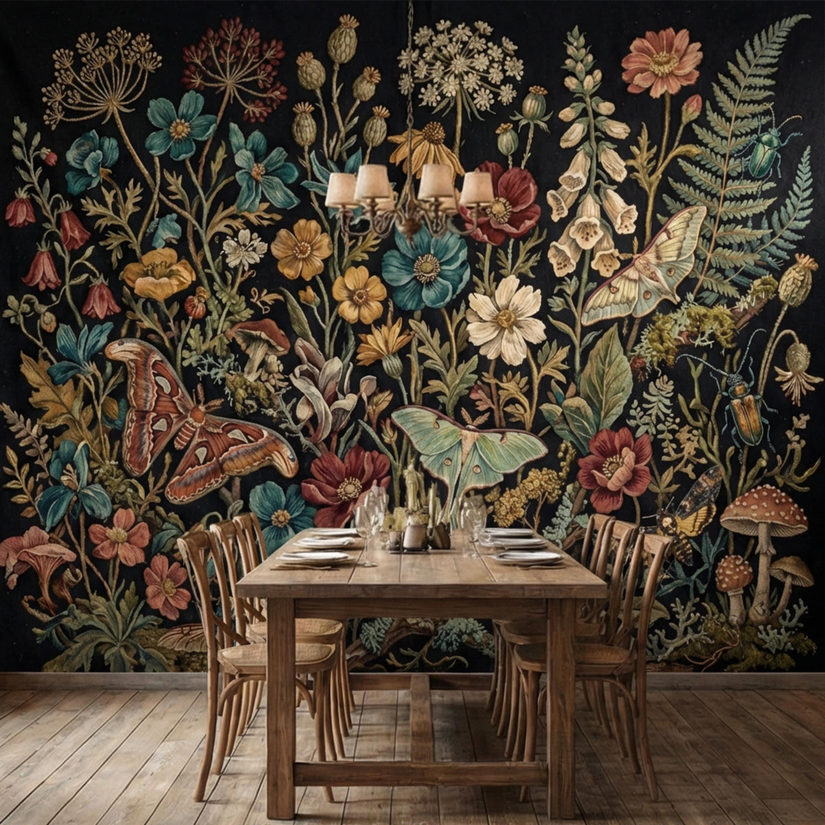 Dark floral garden wall mural with wildflowers, ferns, and a large moth near center