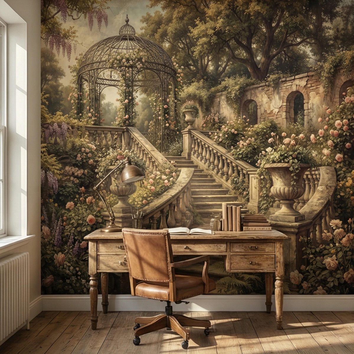 Floral garden mural featuring gazebo balcony, central staircase, and layered flower beds
