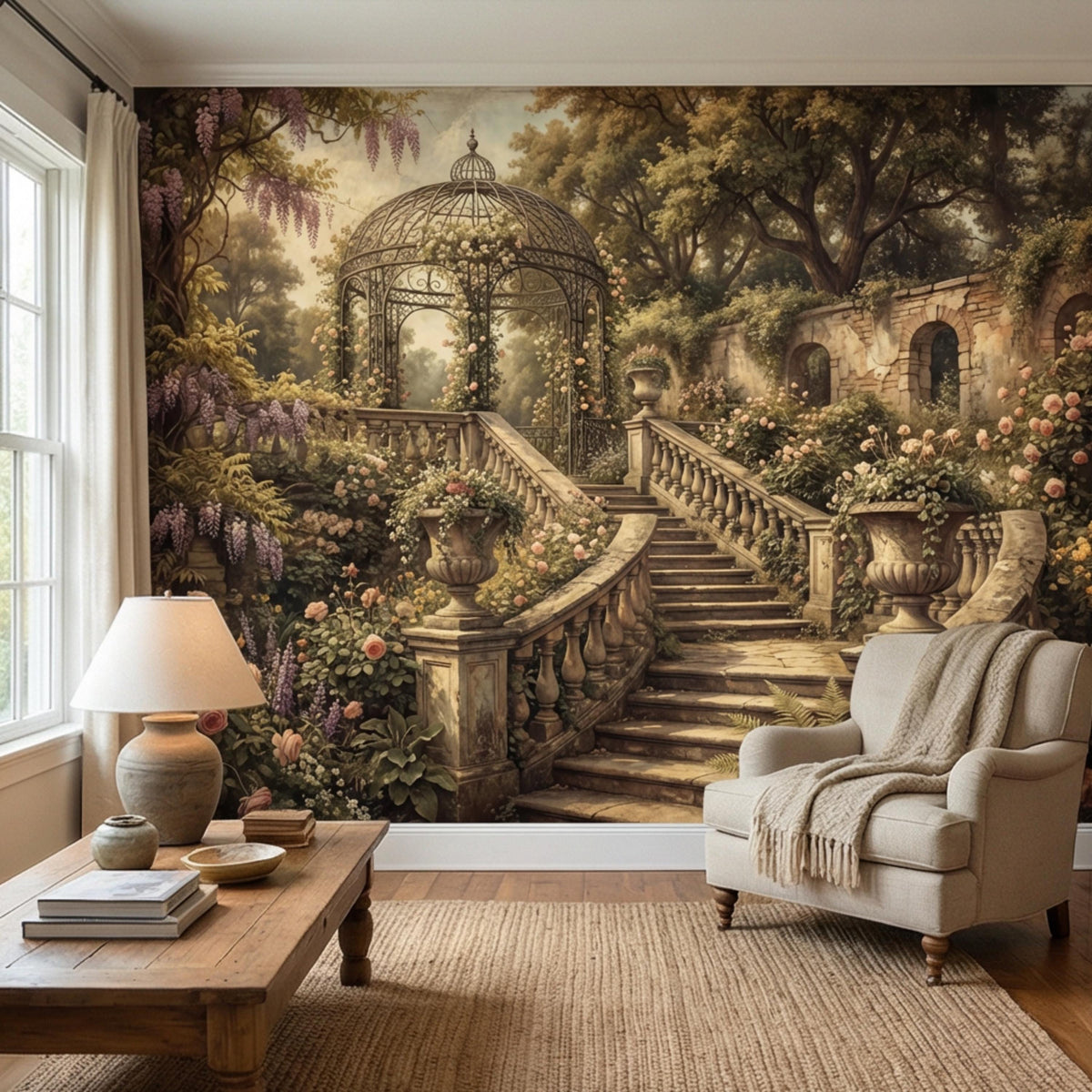 Romantic garden wall mural showing gazebo, staircase, and dense pink and yellow flowers
