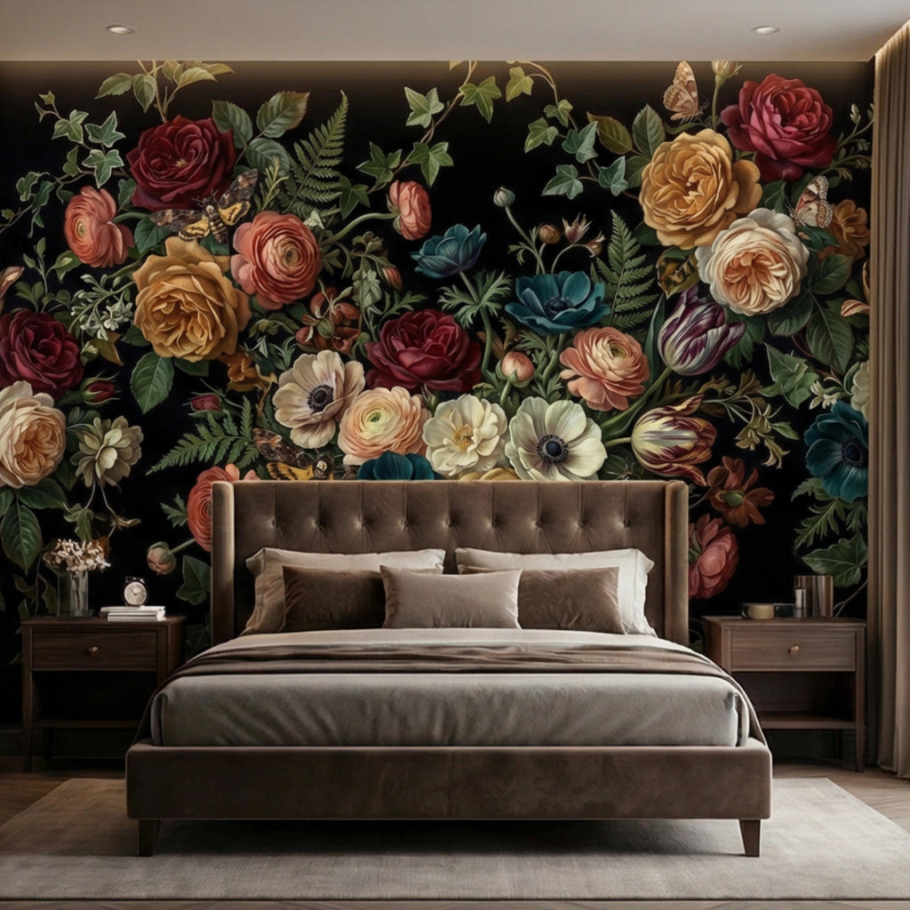 Dark Floral Moody Victorian Botanical Roses Anemones Ivy Peel and Stick Wall Mural, Vintage Black Garden Moths and Butterflies Wallpaper