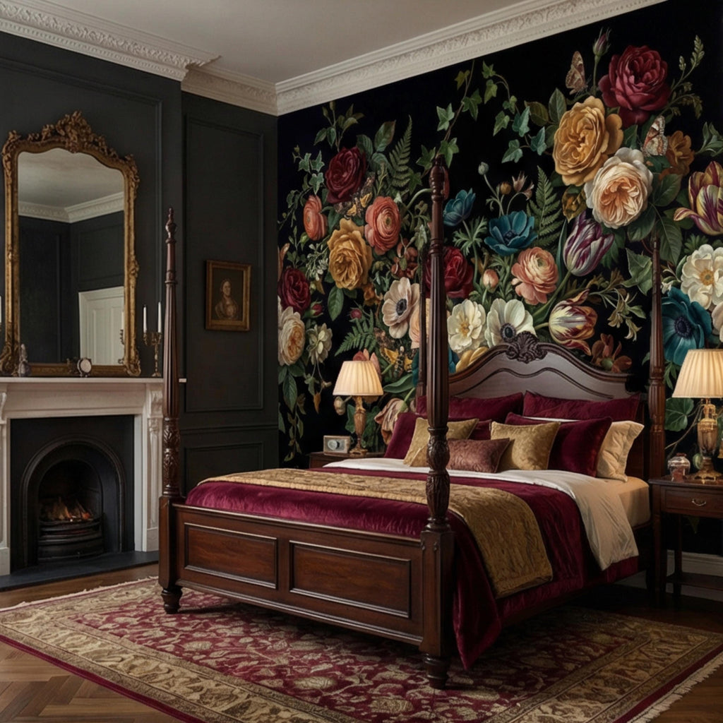 Dark Floral Moody Victorian Botanical Roses Anemones Ivy Peel and Stick Wall Mural, Vintage Black Garden Moths and Butterflies Wallpaper