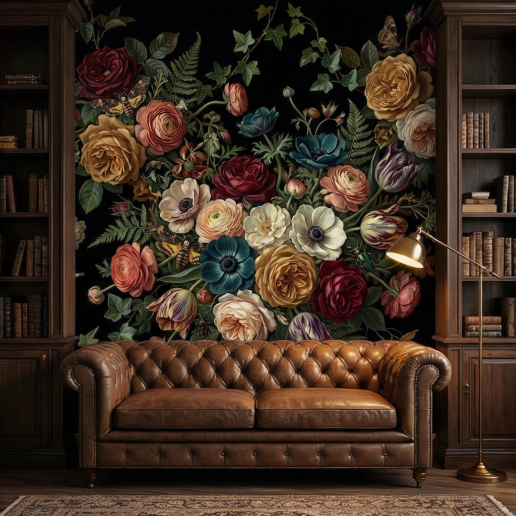 Dark Floral Moody Victorian Botanical Roses Anemones Ivy Peel and Stick Wall Mural, Vintage Black Garden Moths and Butterflies Wallpaper