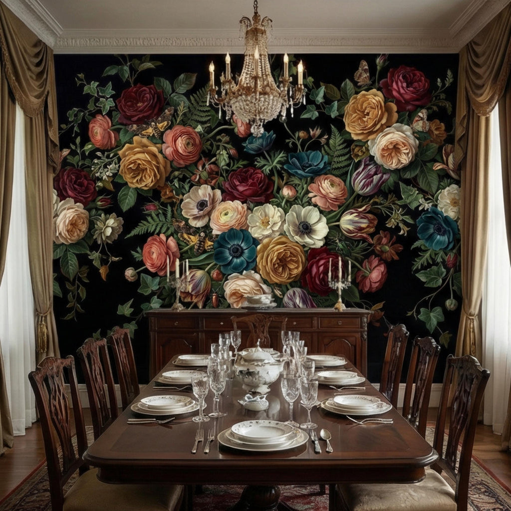 Dark Floral Moody Victorian Botanical Roses Anemones Ivy Peel and Stick Wall Mural, Vintage Black Garden Moths and Butterflies Wallpaper