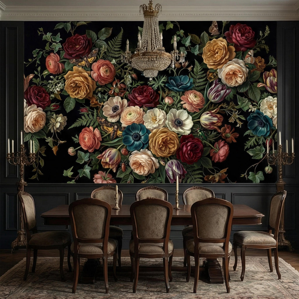 Dark Floral Moody Victorian Botanical Roses Anemones Ivy Peel and Stick Wall Mural, Vintage Black Garden Moths and Butterflies Wallpaper