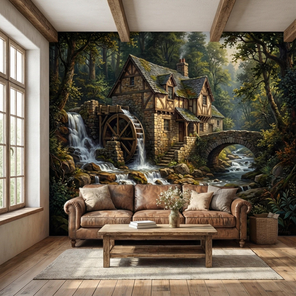 Forest cottage waterfall wall mural with stone houses, arch bridge, and flowing water